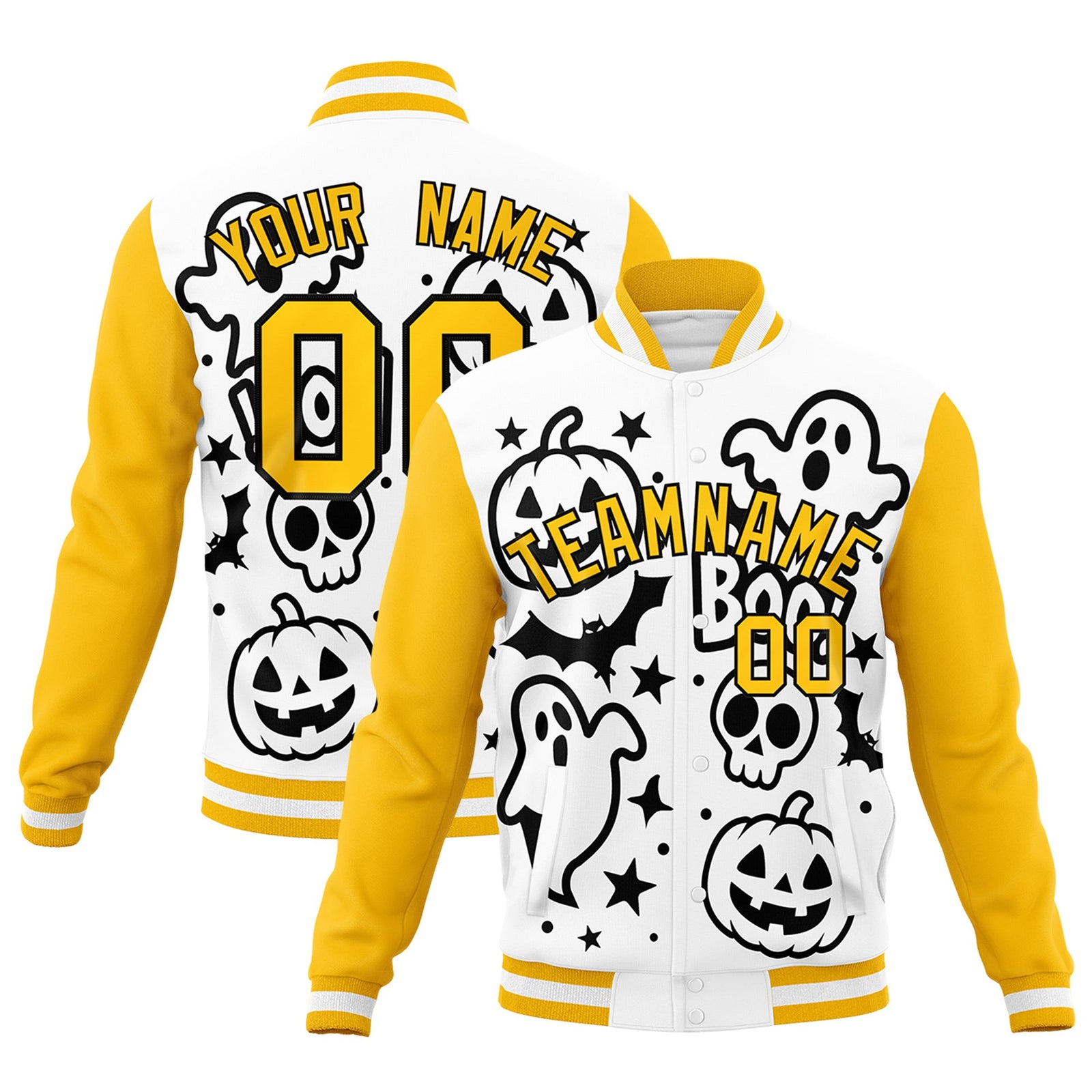 Custom White Black Gold Bats Pumpkins Ghost Patterns Halloween Letterman Jacket | Custom Letterman Jacket,Add Name and Numbern,Sublimation Printed & Stitched,Perfect for Parties | KXKSHOP