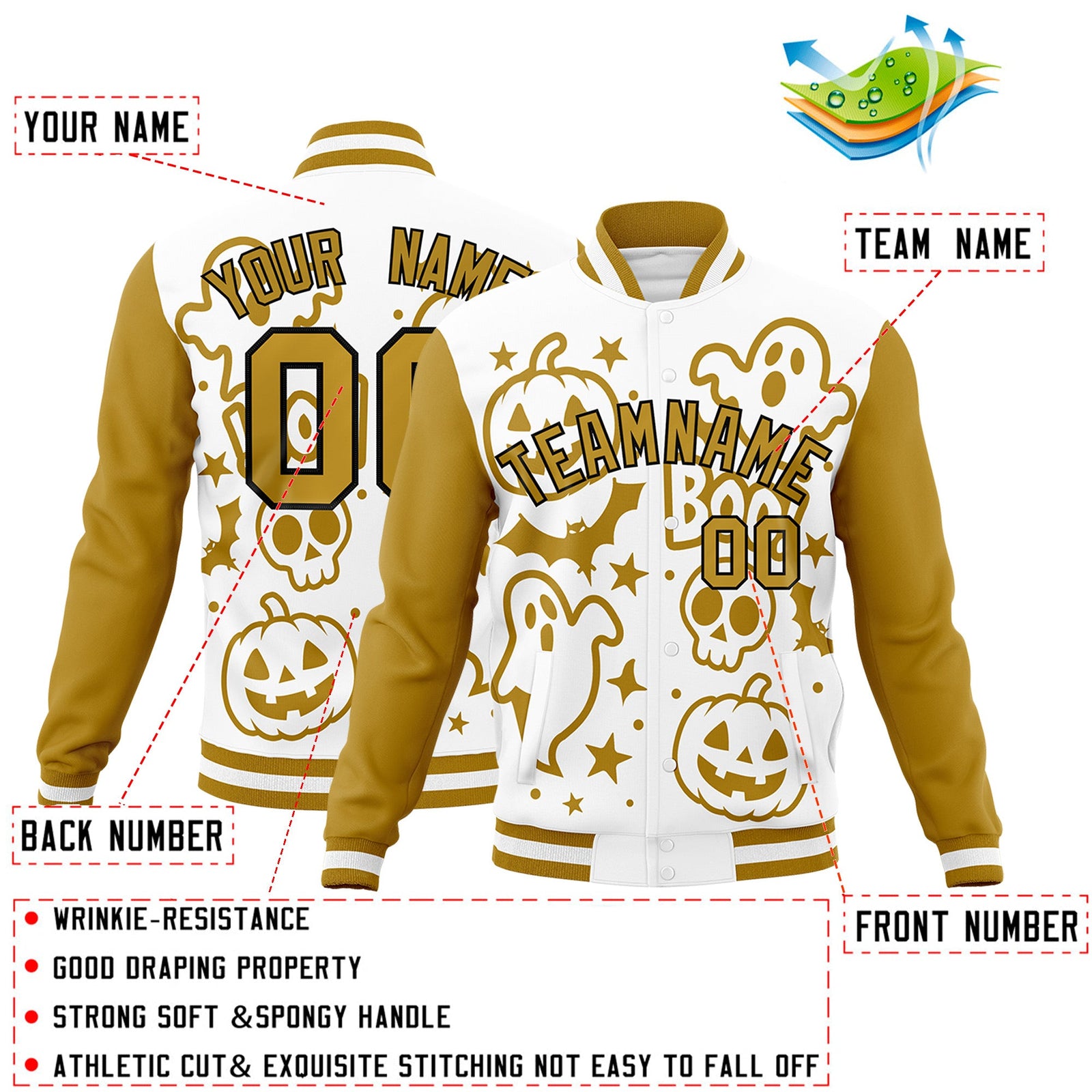 Custom White Old Gold Black Bats Pumpkins Ghost Patterns Halloween Letterman Jacket | Custom Letterman Jacket,Add Name and Numbern,Sublimation Printed & Stitched,Perfect for Parties | KXKSHOP