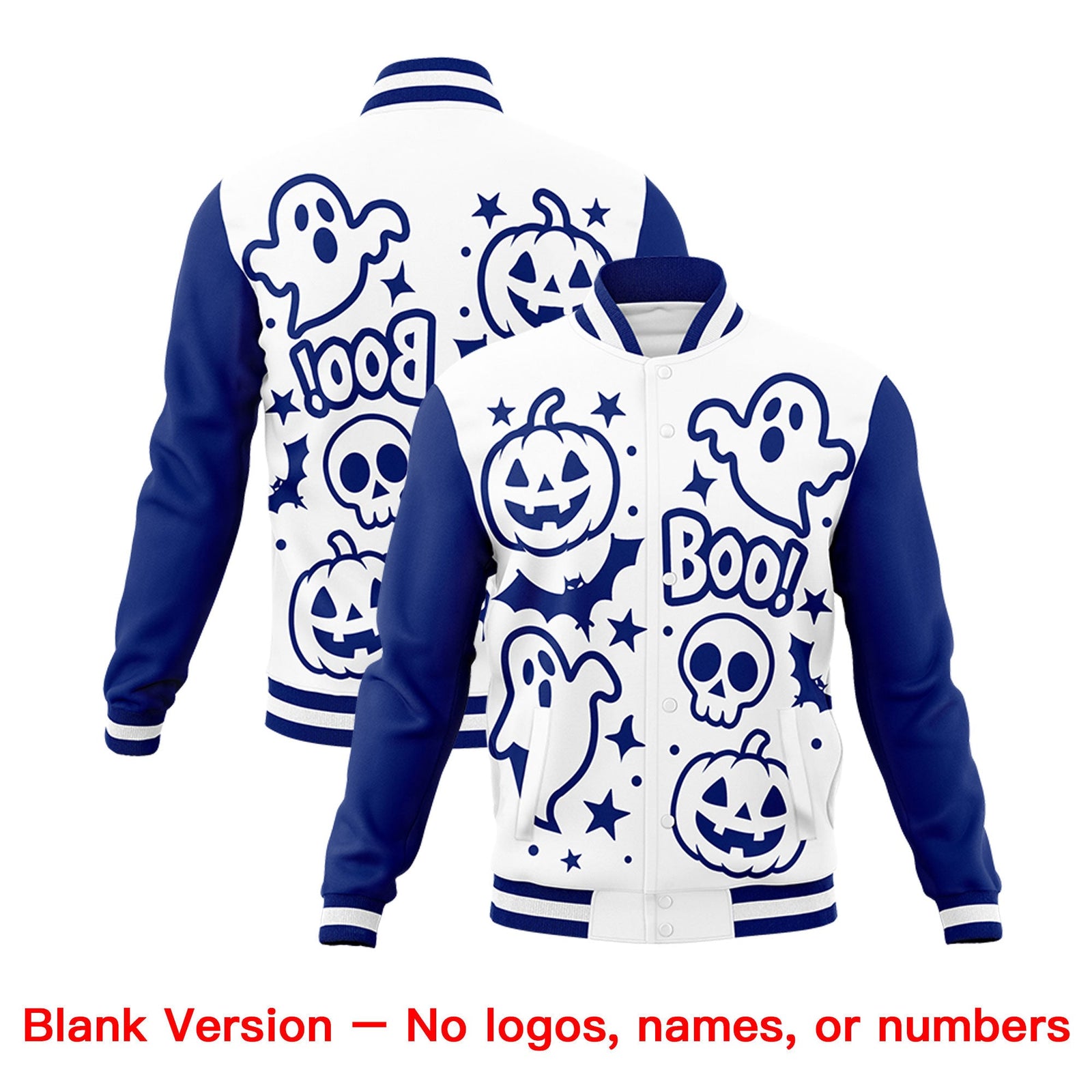 Custom Royal Blue White Red Bats Pumpkins Ghost Patterns Halloween Letterman Jacket | Custom Letterman Jacket,Add Name and Numbern,Sublimation Printed & Stitched,Perfect for Parties | KXKSHOP