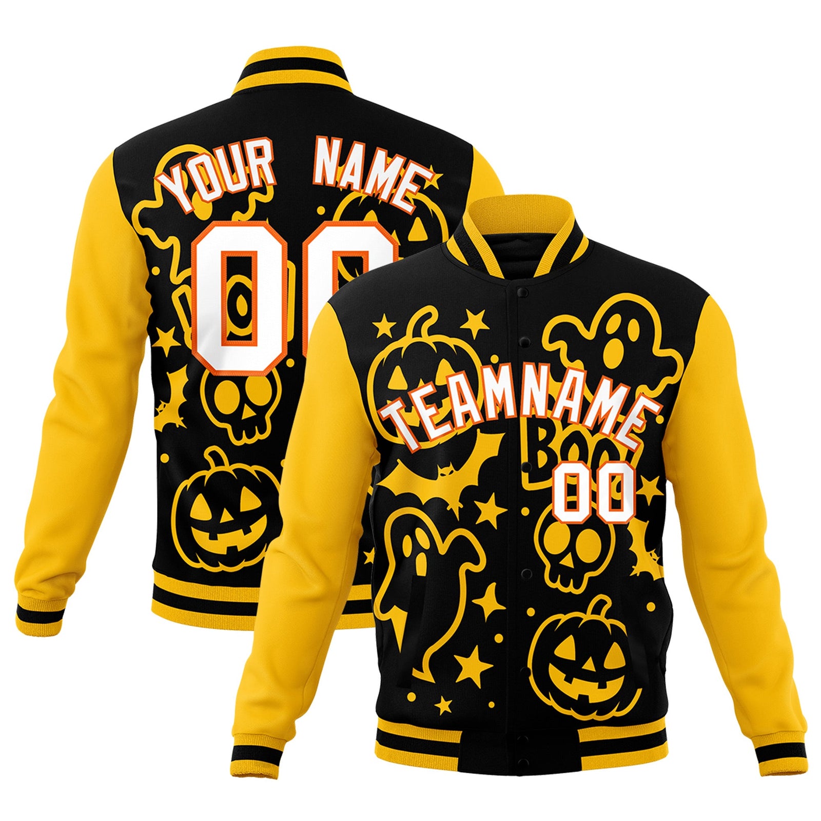 Custom Gold Black White Bats Pumpkins Ghost Patterns Halloween Letterman Jacket | Custom Letterman Jacket,Add Name and Numbern,Sublimation Printed & Stitched,Perfect for Parties | KXKSHOP