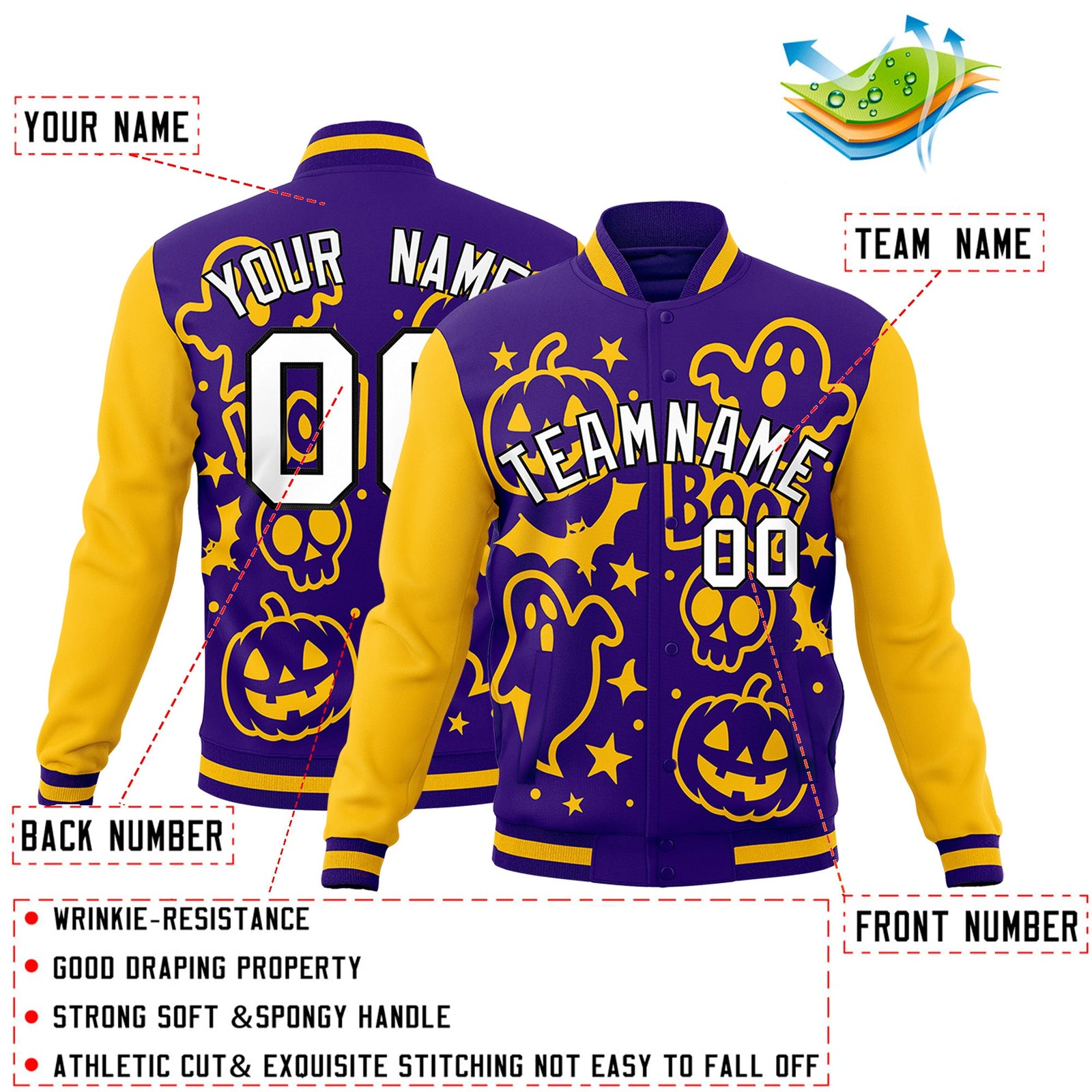 Custom Purple Gold White Bats Pumpkins Ghost Patterns Halloween Letterman Jacket | Custom Letterman Jacket,Add Name and Numbern,Sublimation Printed & Stitched,Perfect for Parties | KXKSHOP