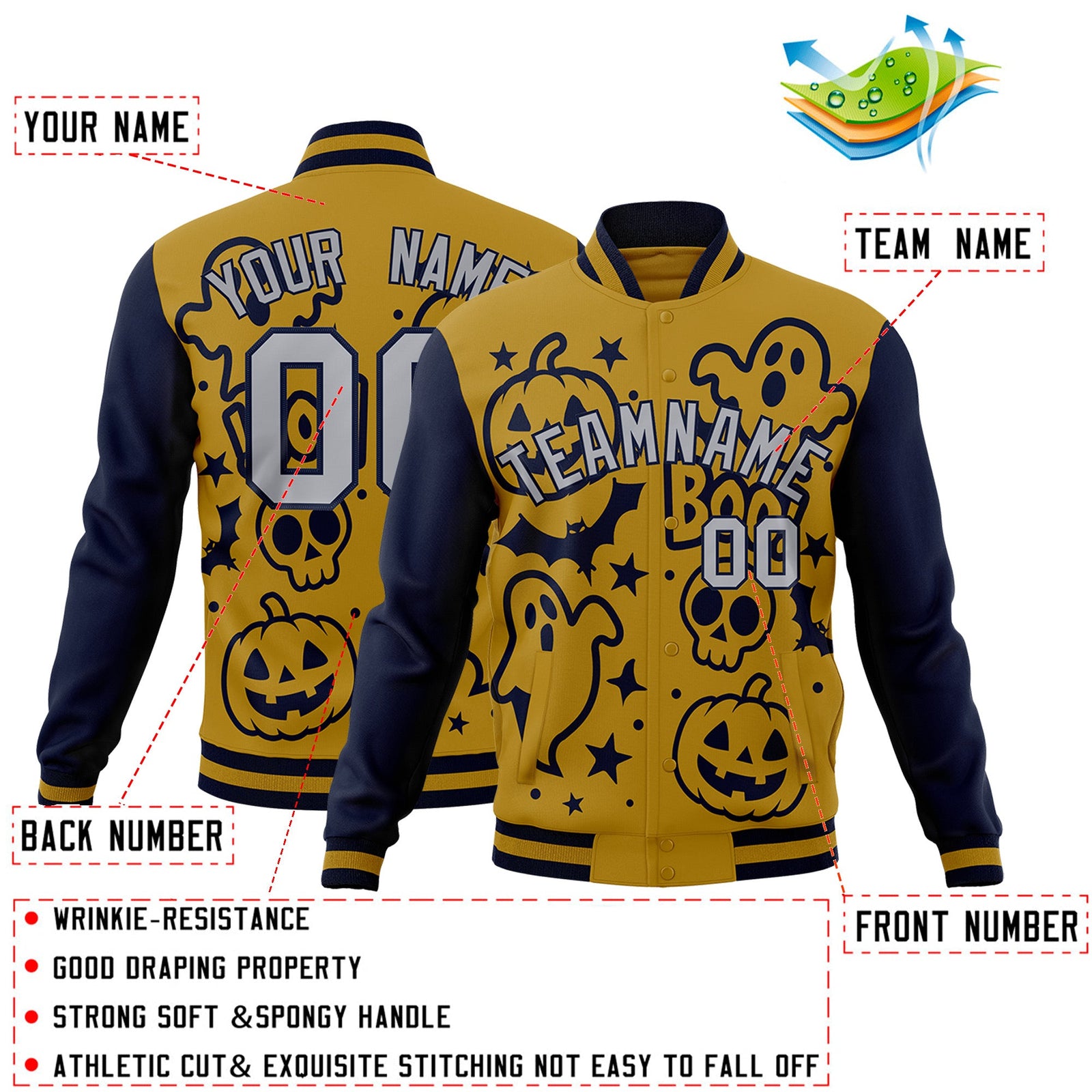 Custom Navy Old Gold Gray Bats Pumpkins Ghost Patterns Halloween Letterman Jacket | Custom Letterman Jacket,Add Name and Numbern,Sublimation Printed & Stitched,Perfect for Parties | KXKSHOP