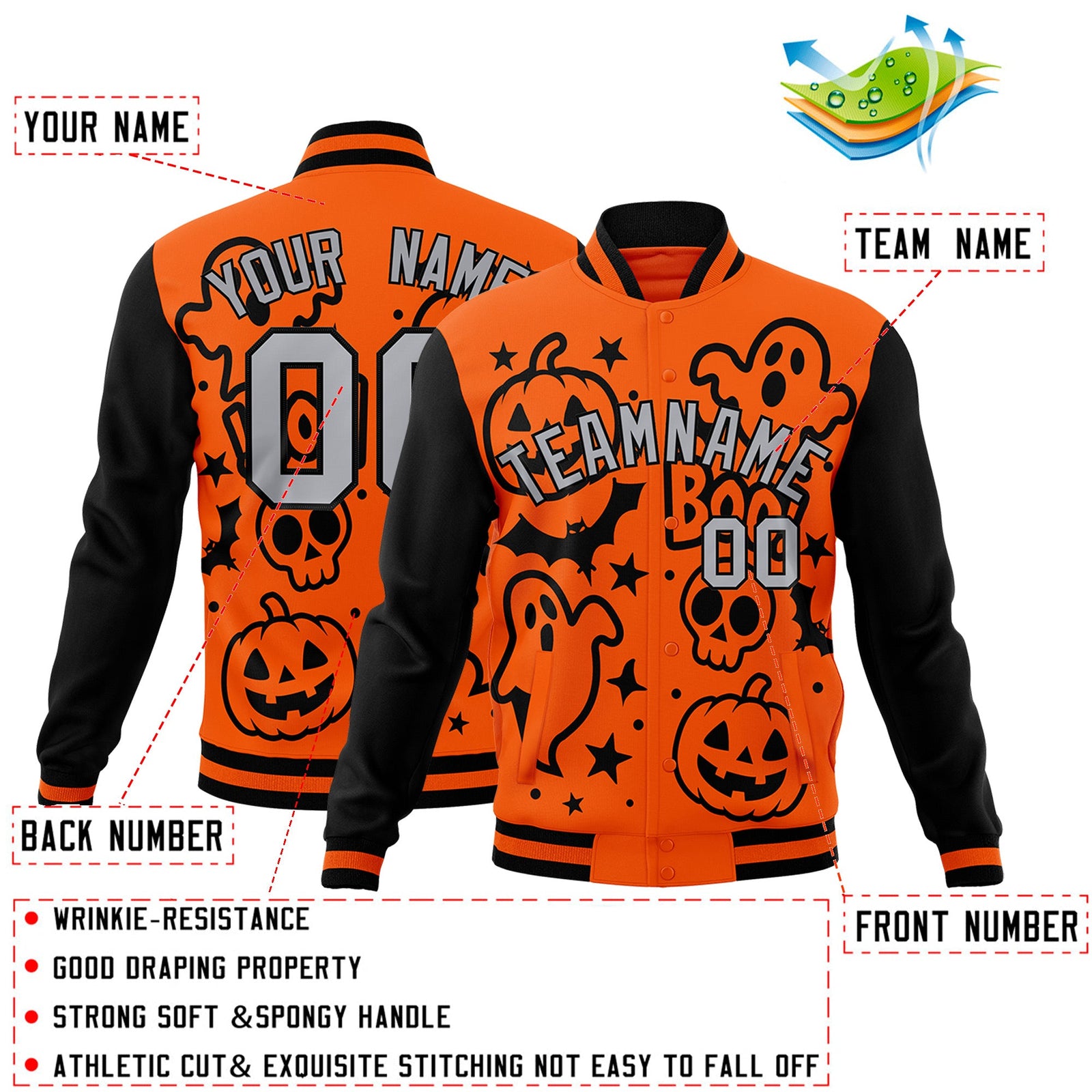 Custom Black Orange Gray Bats Pumpkins Ghost Patterns Halloween Letterman Jacket | Custom Letterman Jacket,Add Name and Numbern,Sublimation Printed & Stitched,Perfect for Parties | KXKSHOP