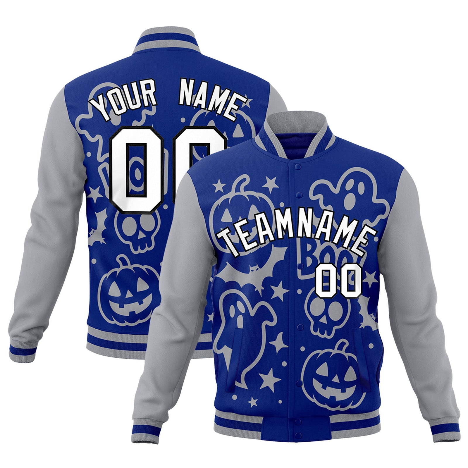 Custom Gray Royal Blue White Bats Pumpkins Ghost Patterns Halloween Letterman Jacket | Custom Letterman Jacket,Add Name and Numbern,Sublimation Printed & Stitched,Perfect for Parties | KXKSHOP