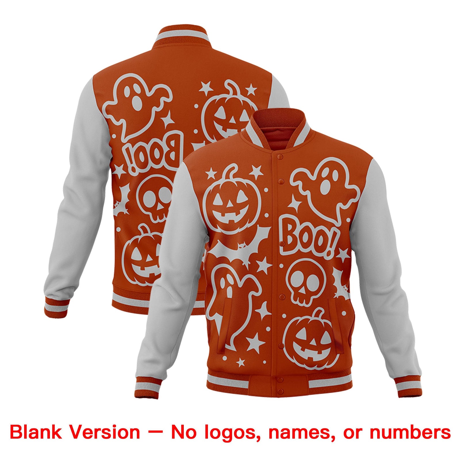 Custom Dark Orange Gray White Bats Pumpkins Ghost Patterns Halloween Letterman Jacket | Custom Letterman Jacket,Add Name and Numbern,Sublimation Printed & Stitched,Perfect for Parties | KXKSHOP