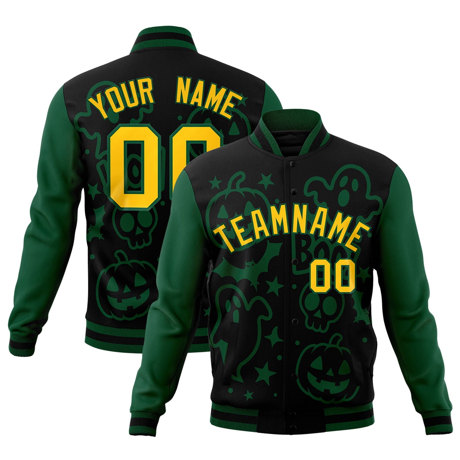 Custom Green Black Gold Bats Pumpkins Ghost Patterns Halloween Letterman Jacket | Custom Letterman Jacket,Add Name and Numbern,Sublimation Printed & Stitched,Perfect for Parties | KXKSHOP