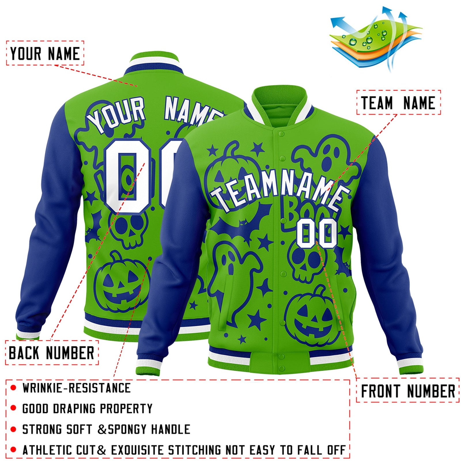 Custom Green Royal Blue White Bats Pumpkins Ghost Patterns Halloween Letterman Jacket | Custom Letterman Jacket,Add Name and Numbern,Sublimation Printed & Stitched,Perfect for Parties | KXKSHOP