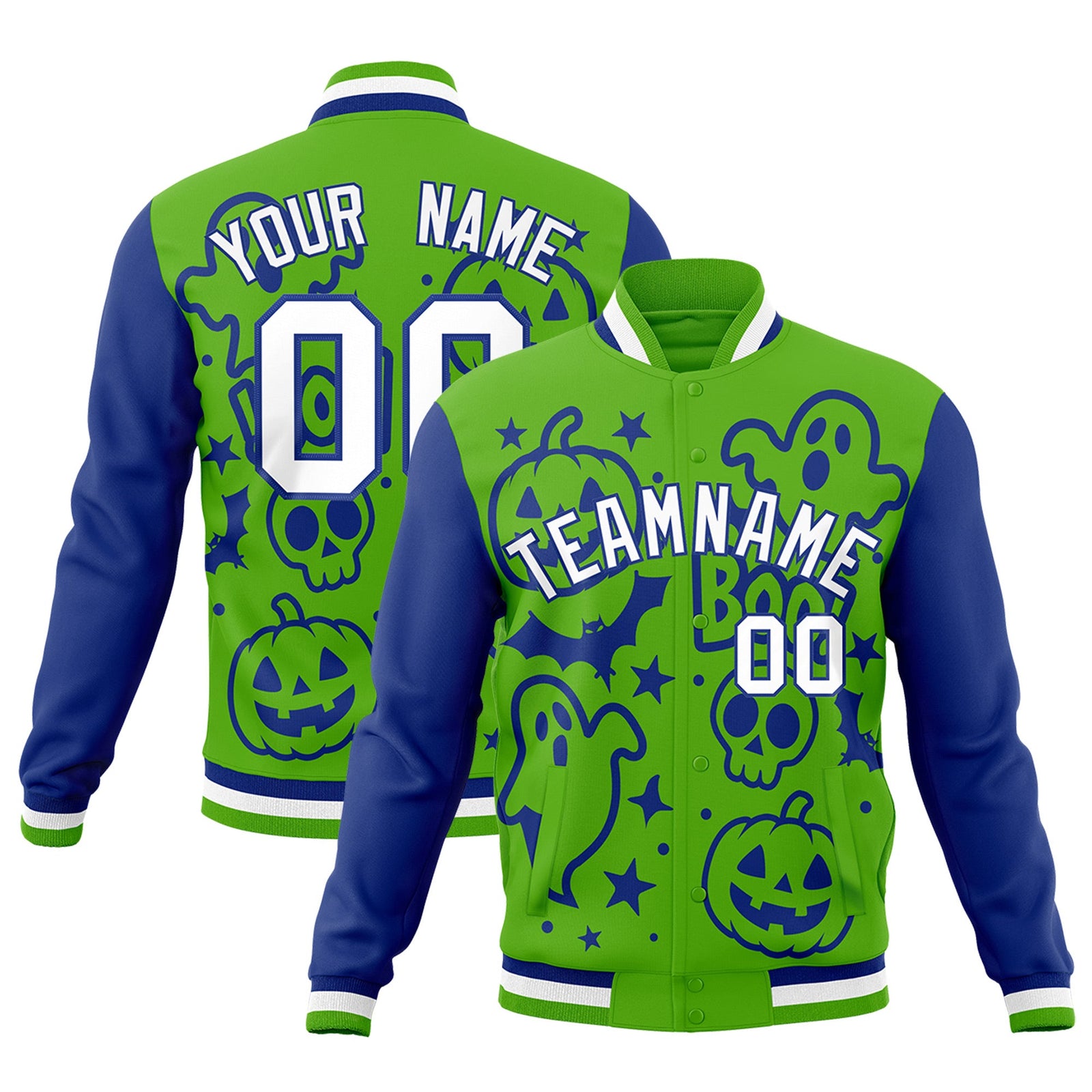 Custom Green Royal Blue White Bats Pumpkins Ghost Patterns Halloween Letterman Jacket | Custom Letterman Jacket,Add Name and Numbern,Sublimation Printed & Stitched,Perfect for Parties | KXKSHOP
