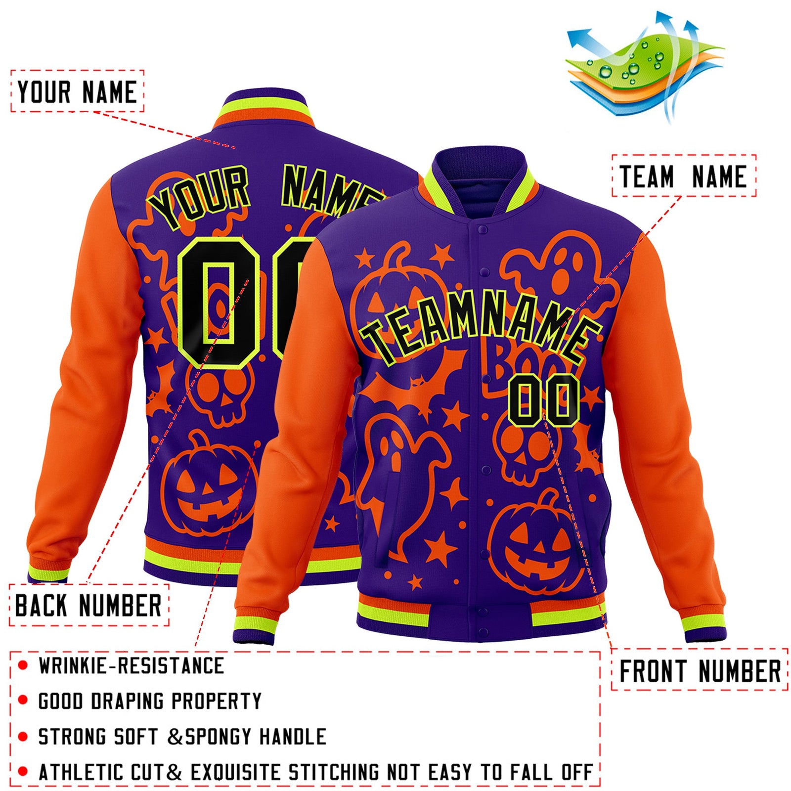 Custom Orange Purple Neon Green Bats Pumpkins Ghost Patterns Halloween Letterman Jacket | Custom Letterman Jacket,Add Name and Numbern,Sublimation Printed & Stitched,Perfect for Parties | KXKSHOP