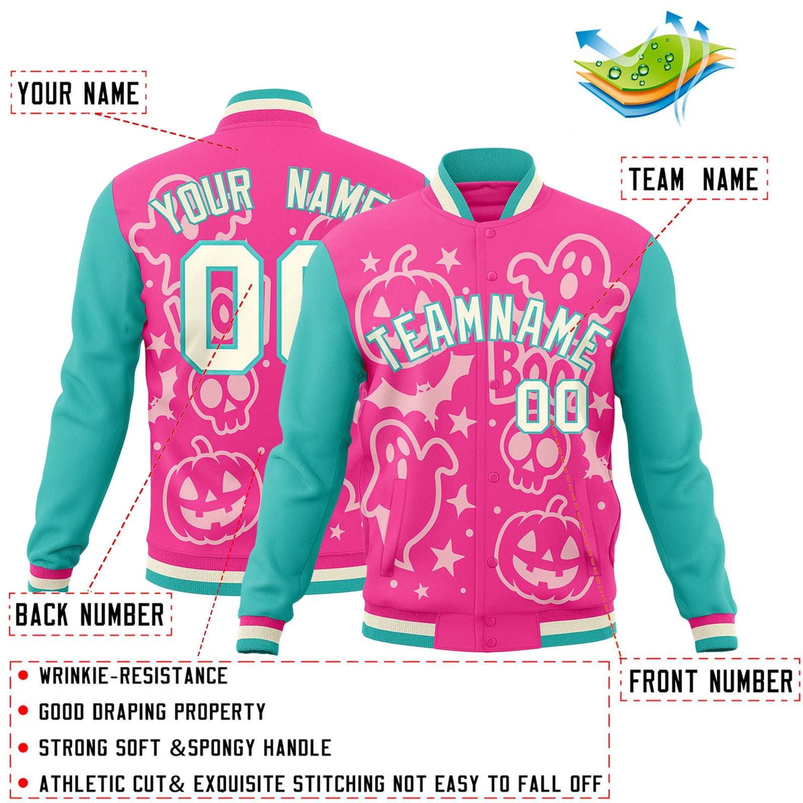 Custom Pink Bright Green Cream Bats Pumpkins Ghost Patterns Halloween Letterman Jacket | Custom Letterman Jacket,Add Name and Numbern,Sublimation Printed & Stitched,Perfect for Parties | KXKSHOP