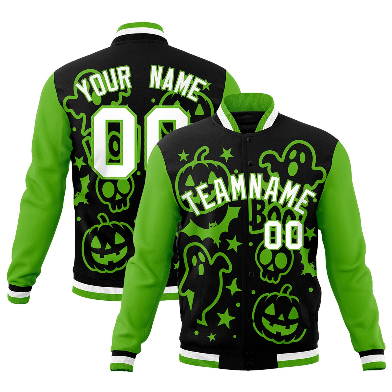 Custom Black Green White Bats Pumpkins Ghost Patterns Halloween Letterman Jacket | Custom Letterman Jacket,Add Name and Numbern,Sublimation Printed & Stitched,Perfect for Parties | KXKSHOP