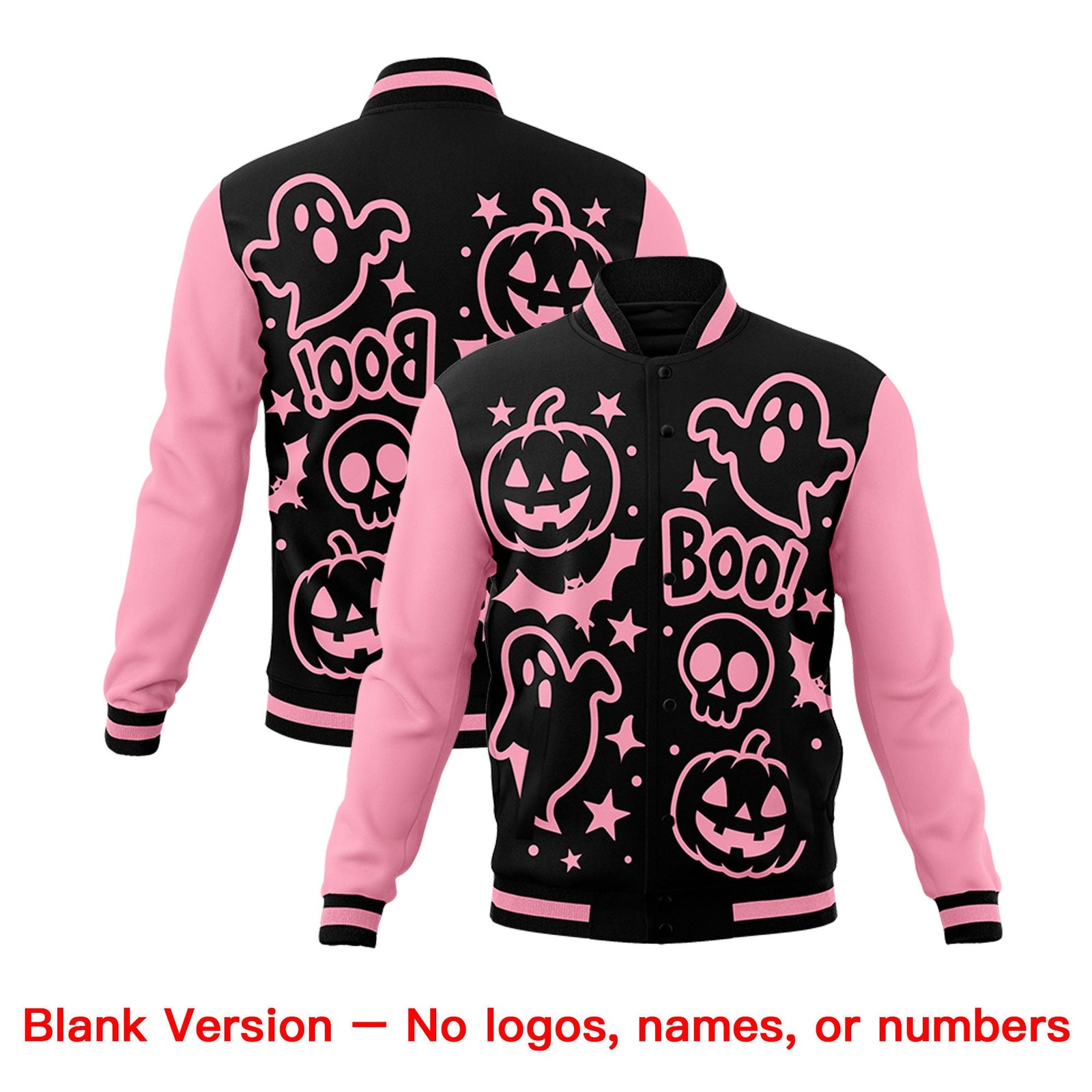 Custom Light Pink Black White Bats Pumpkins Ghost Patterns Halloween Letterman Jacket | Custom Letterman Jacket,Add Name and Numbern,Sublimation Printed & Stitched,Perfect for Parties | KXKSHOP