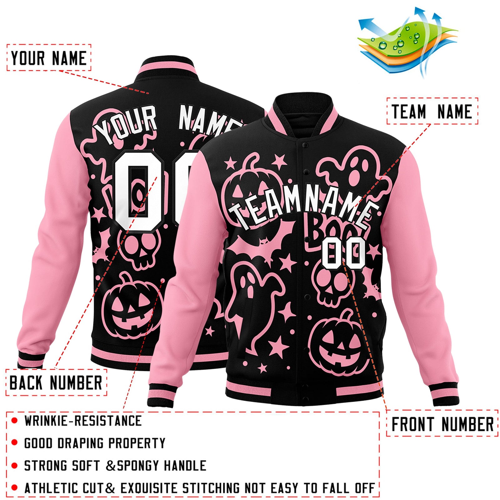 Custom Light Pink Black White Bats Pumpkins Ghost Patterns Halloween Letterman Jacket | Custom Letterman Jacket,Add Name and Numbern,Sublimation Printed & Stitched,Perfect for Parties | KXKSHOP