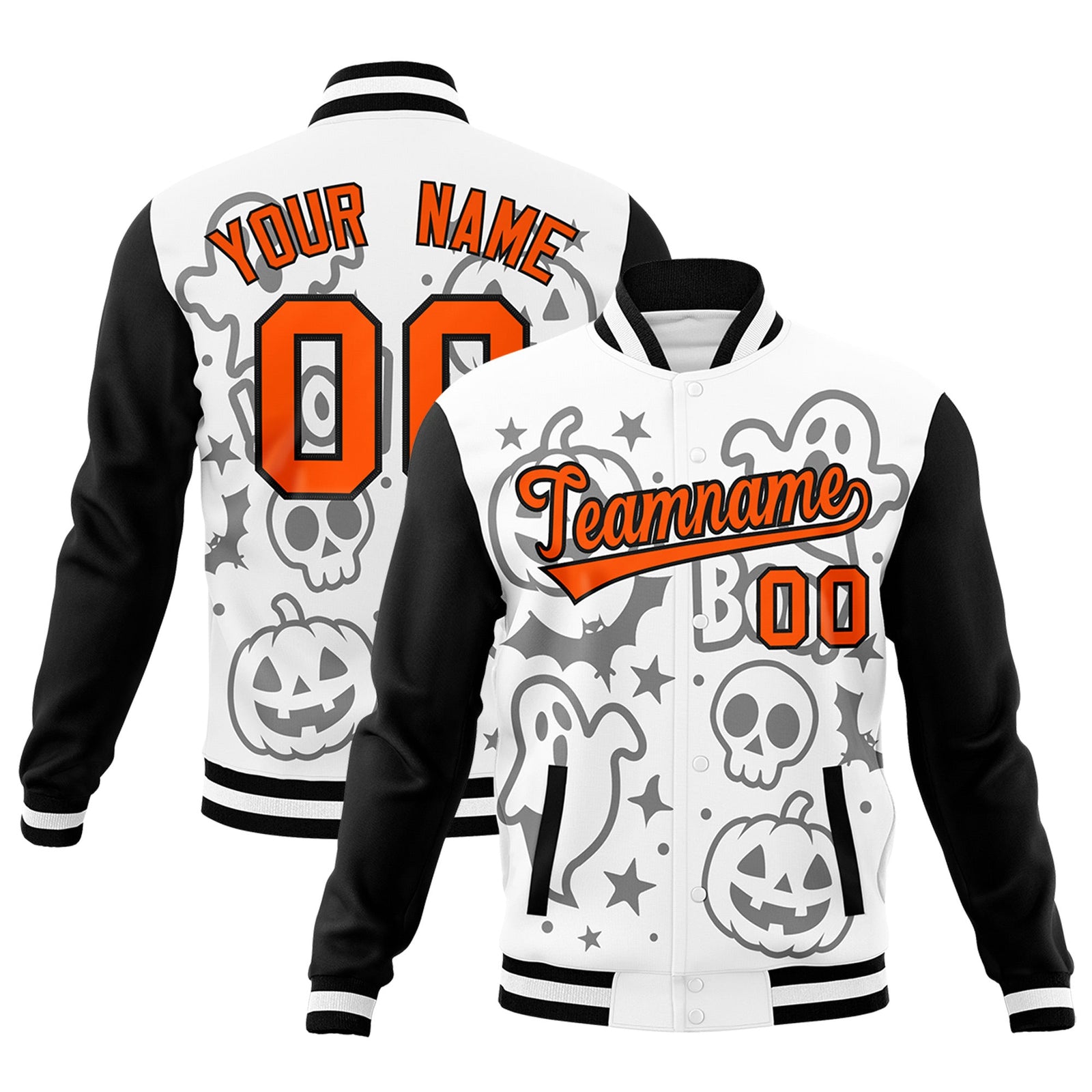 Custom White Black Orange Bats Pumpkins Ghost Patterns Halloween Letterman Jacket | Custom Letterman Jacket,Add Name and Numbern,Sublimation Printed & Stitched,Perfect for Parties | KXKSHOP