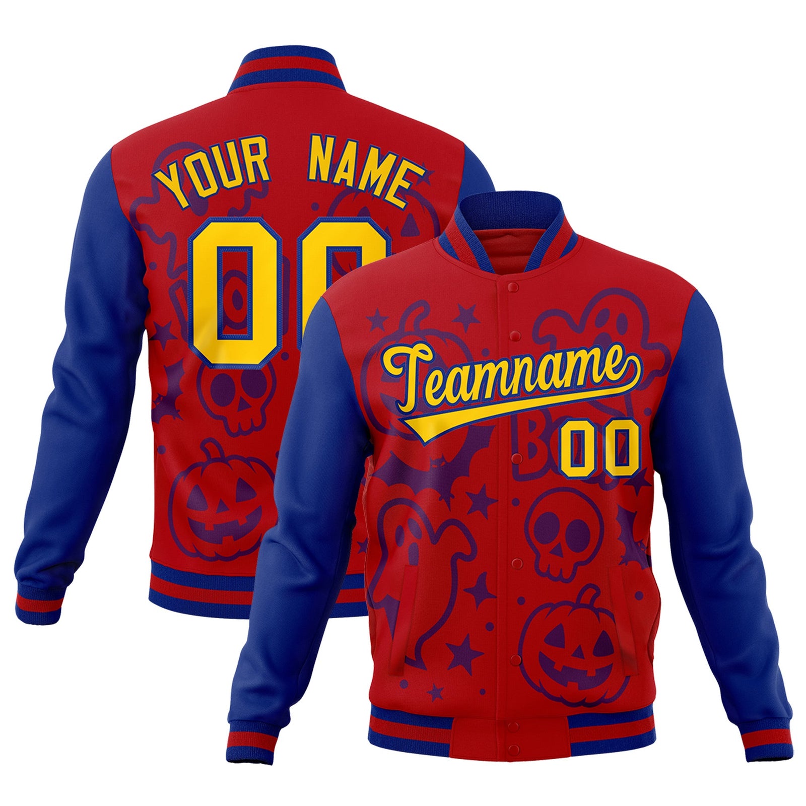 Custom Royal Red Royal Blue Bats Pumpkins Ghost Patterns Halloween Letterman Jacket | Custom Letterman Jacket,Add Name and Numbern,Sublimation Printed & Stitched,Perfect for Parties | KXKSHOP