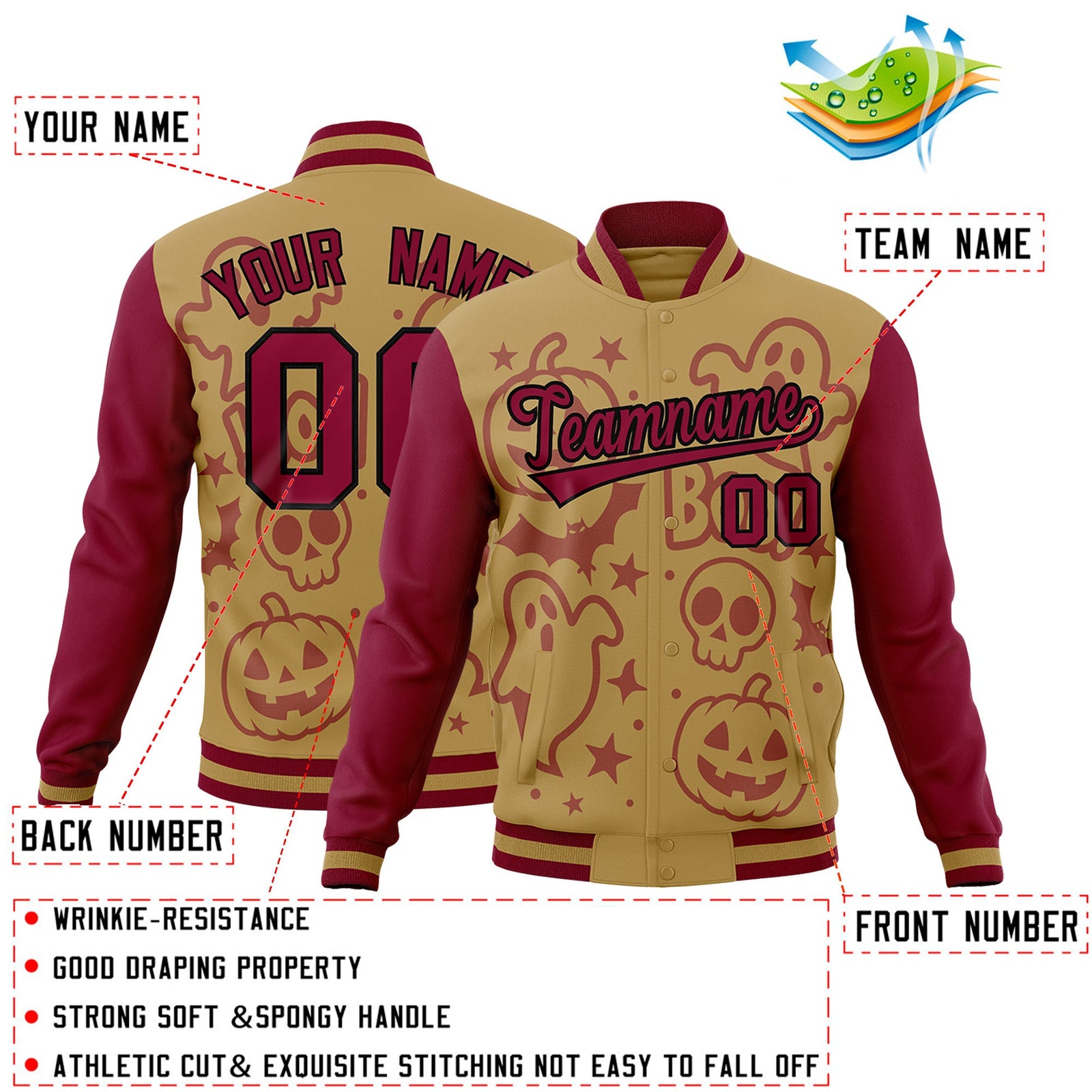 Custom Khaki Crimson Black Bats Pumpkins Ghost Patterns Halloween Letterman Jacket | Custom Letterman Jacket,Add Name and Numbern,Sublimation Printed & Stitched,Perfect for Parties | KXKSHOP