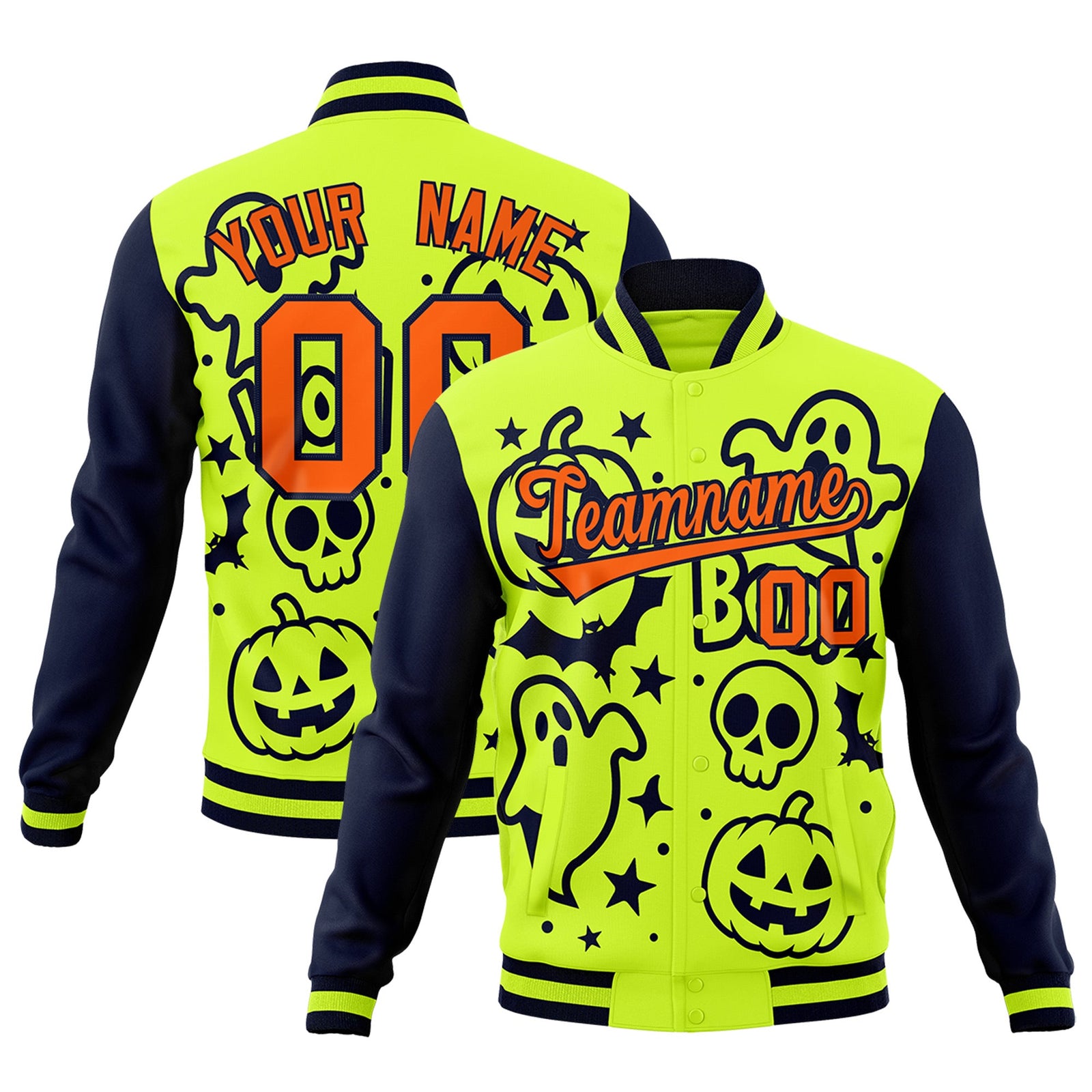 Custom Neon Green Navy Orange Bats Pumpkins Ghost Patterns Halloween Letterman Jacket | Custom Letterman Jacket,Add Name and Numbern,Sublimation Printed & Stitched,Perfect for Parties | KXKSHOP
