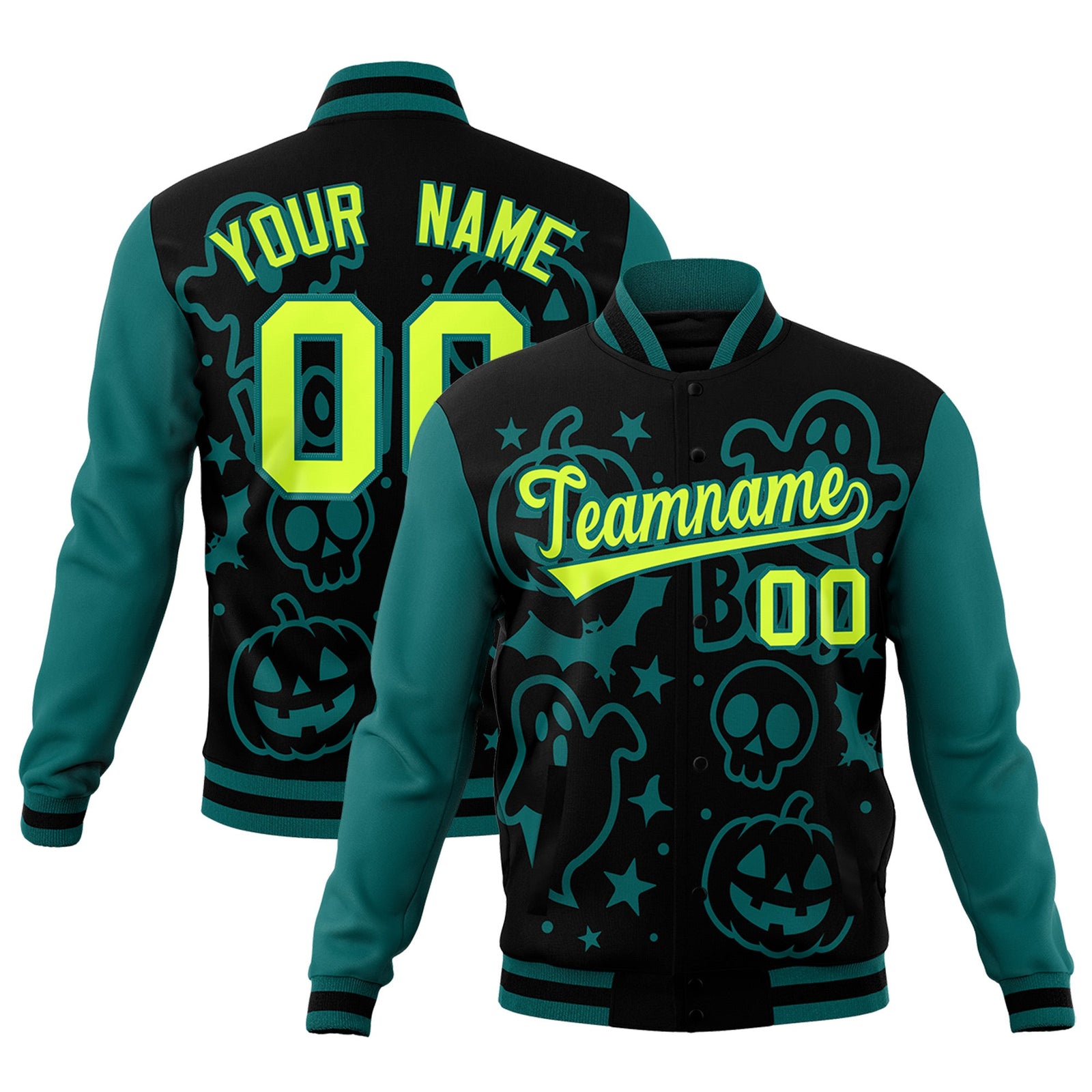 Custom Teal Black Neon Green Bats Pumpkins Ghost Patterns Halloween Letterman Jacket | Custom Letterman Jacket,Add Name and Numbern,Sublimation Printed & Stitched,Perfect for Parties | KXKSHOP