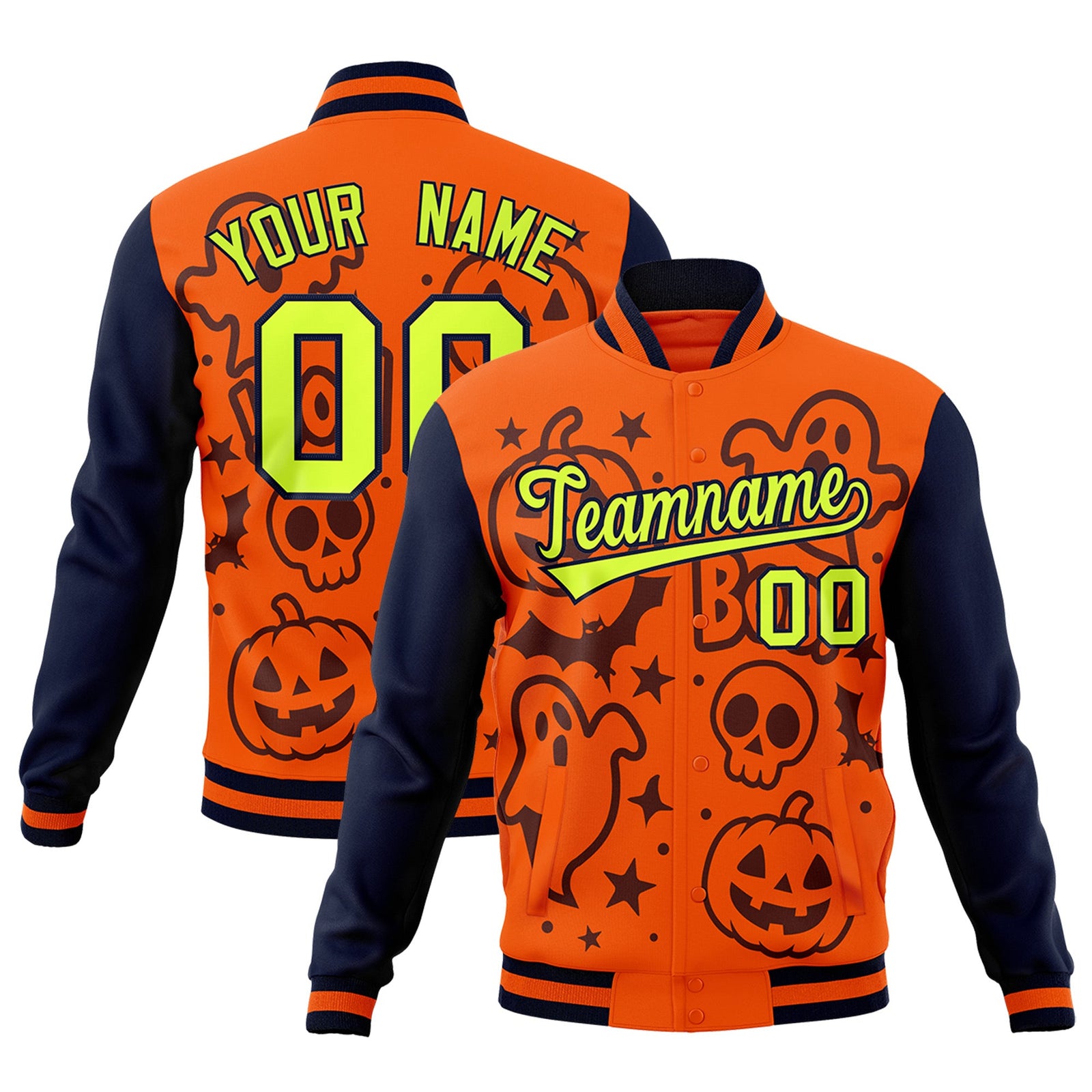 Custom Navy Orange Teal Bats Pumpkins Ghost Patterns Halloween Letterman Jacket | Custom Letterman Jacket,Add Name and Numbern,Sublimation Printed & Stitched,Perfect for Parties | KXKSHOP