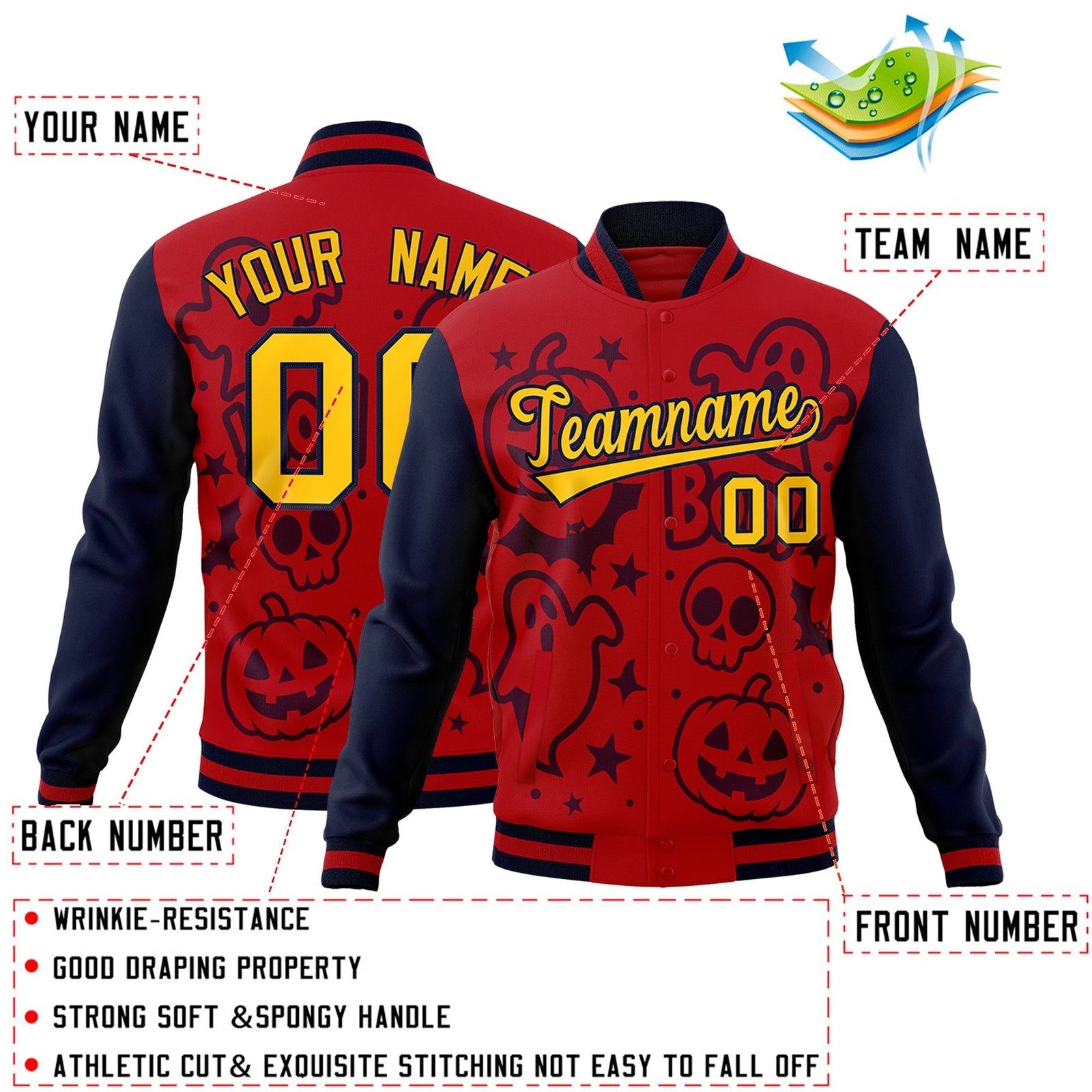 Custom Navy Red Gold Bats Pumpkins Ghost Patterns Halloween Letterman Jacket | Custom Letterman Jacket,Add Name and Numbern,Sublimation Printed & Stitched,Perfect for Parties | KXKSHOP