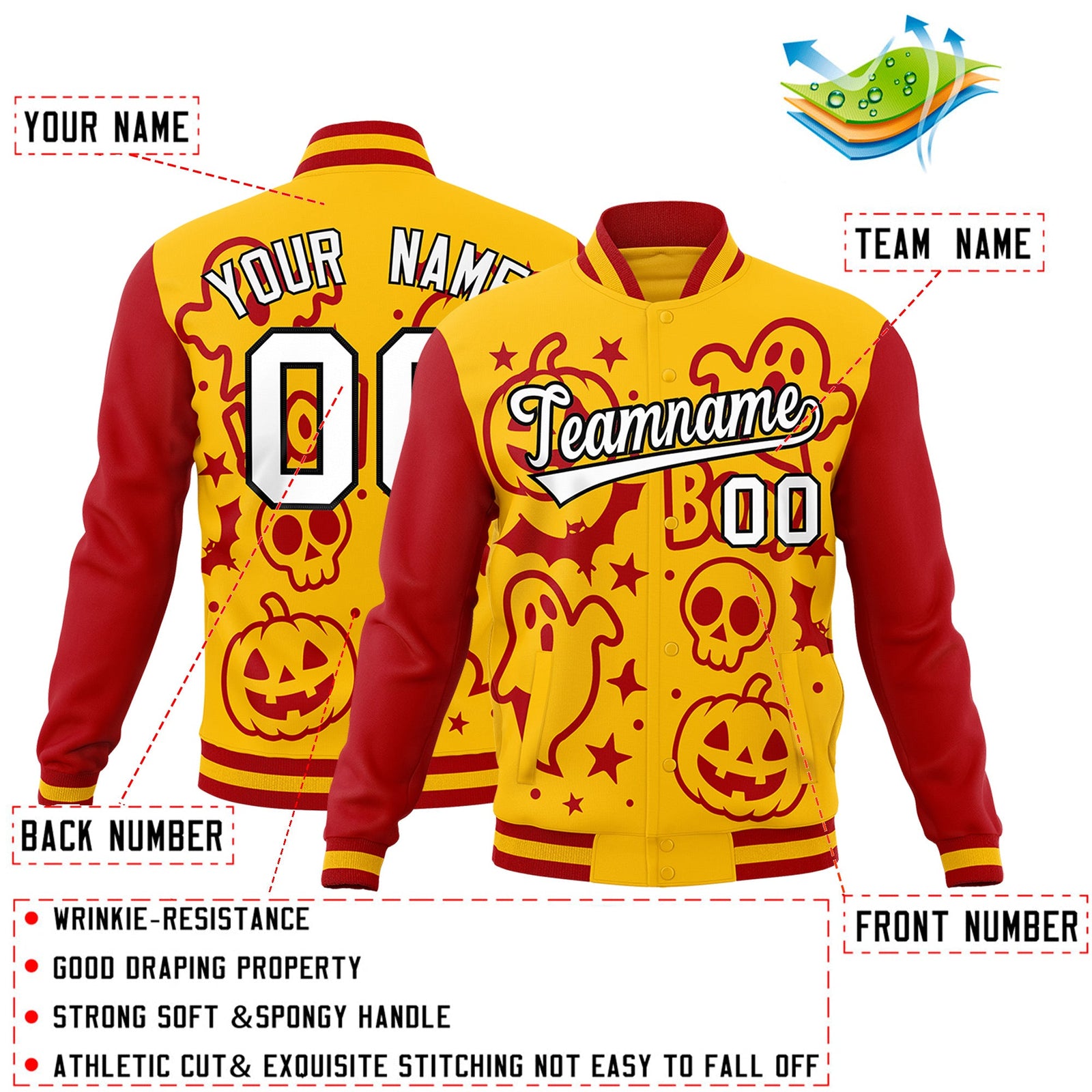 Custom Gold Red White Bats Pumpkins Ghost Patterns Halloween Letterman Jacket | Custom Letterman Jacket,Add Name and Numbern,Sublimation Printed & Stitched,Perfect for Parties | KXKSHOP