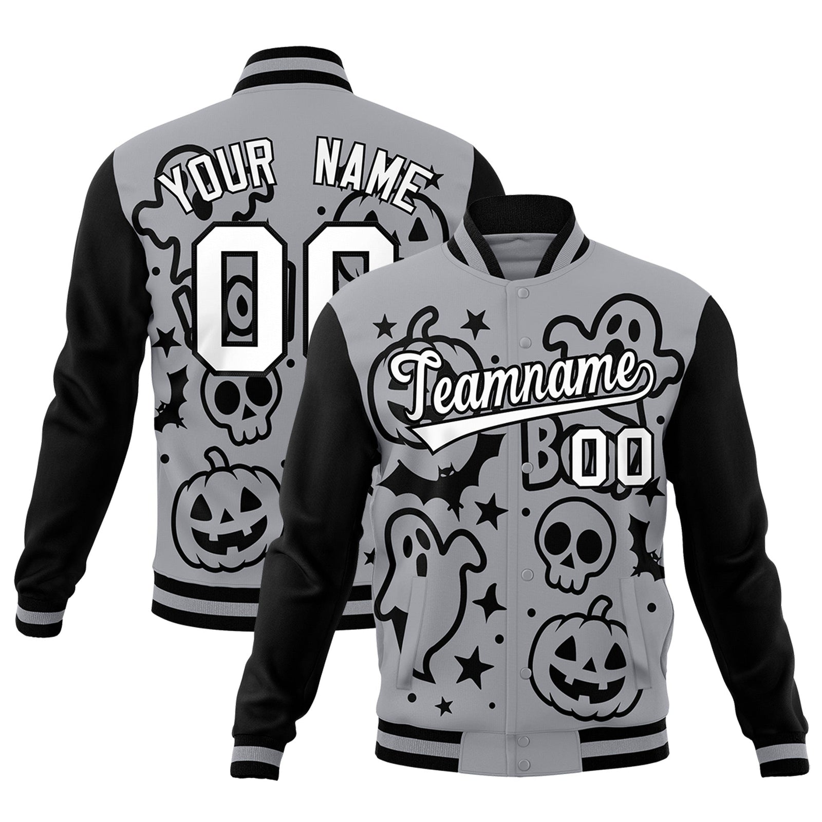 Custom Gray Black White Bats Pumpkins Ghost Patterns Halloween Letterman Jacket | Custom Letterman Jacket,Add Name and Numbern,Sublimation Printed & Stitched,Perfect for Parties | KXKSHOP