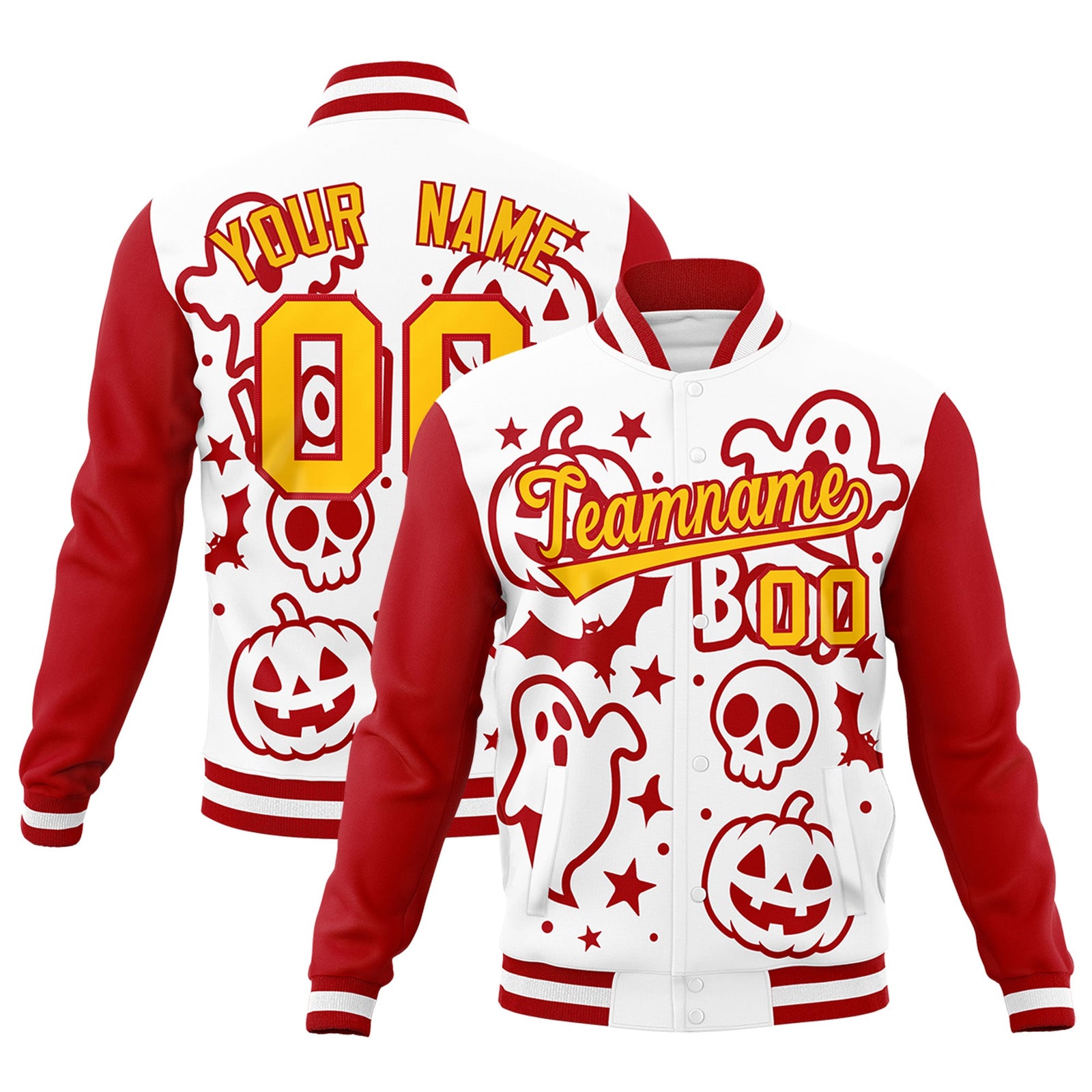 Custom White Red Gold Bats Pumpkins Ghost Patterns Halloween Letterman Jacket | Custom Letterman Jacket,Add Name and Numbern,Sublimation Printed & Stitched,Perfect for Parties | KXKSHOP