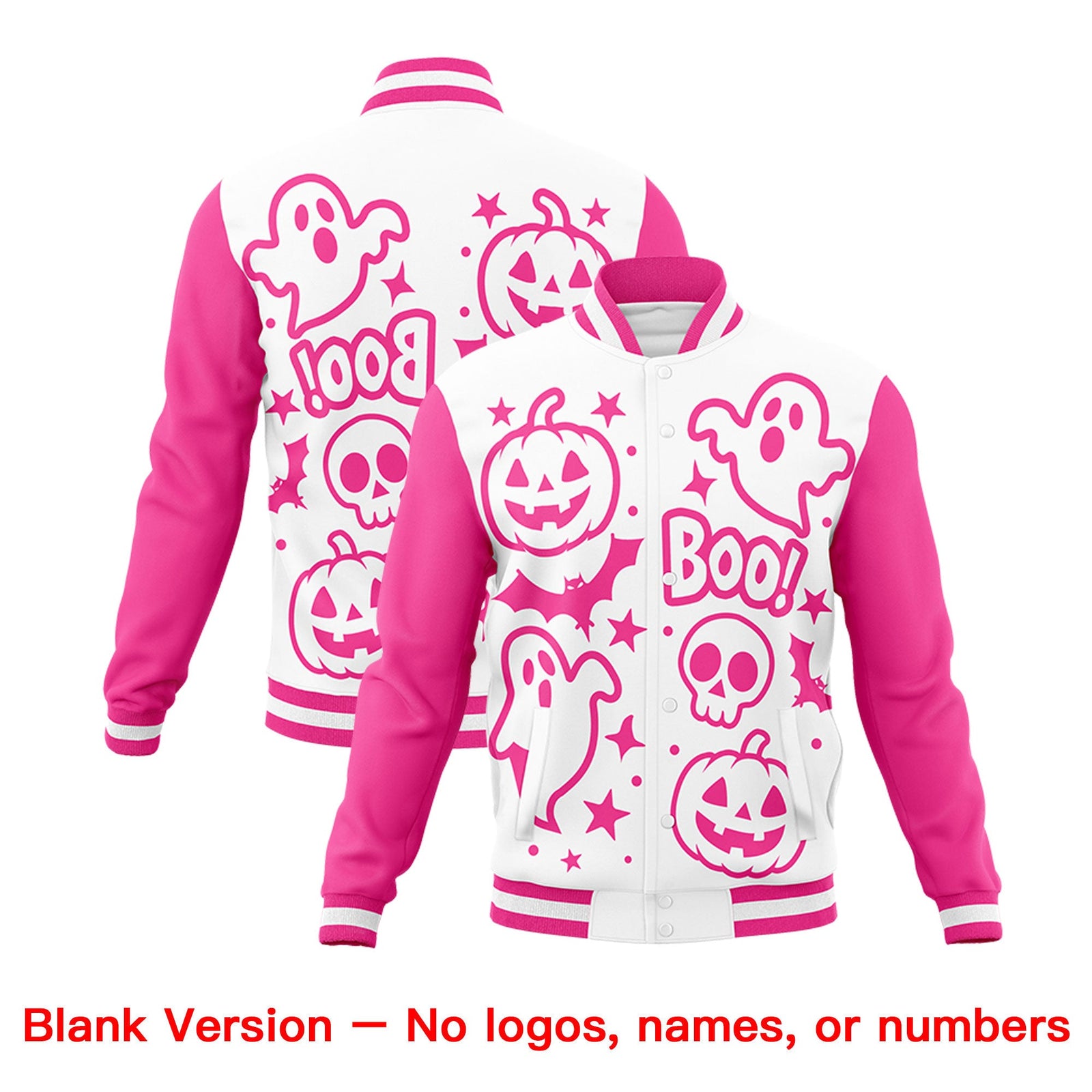 Custom White Pink Purple Bats Pumpkins Ghost Patterns Halloween Letterman Jacket | Custom Letterman Jacket,Add Name and Numbern,Sublimation Printed & Stitched,Perfect for Parties | KXKSHOP