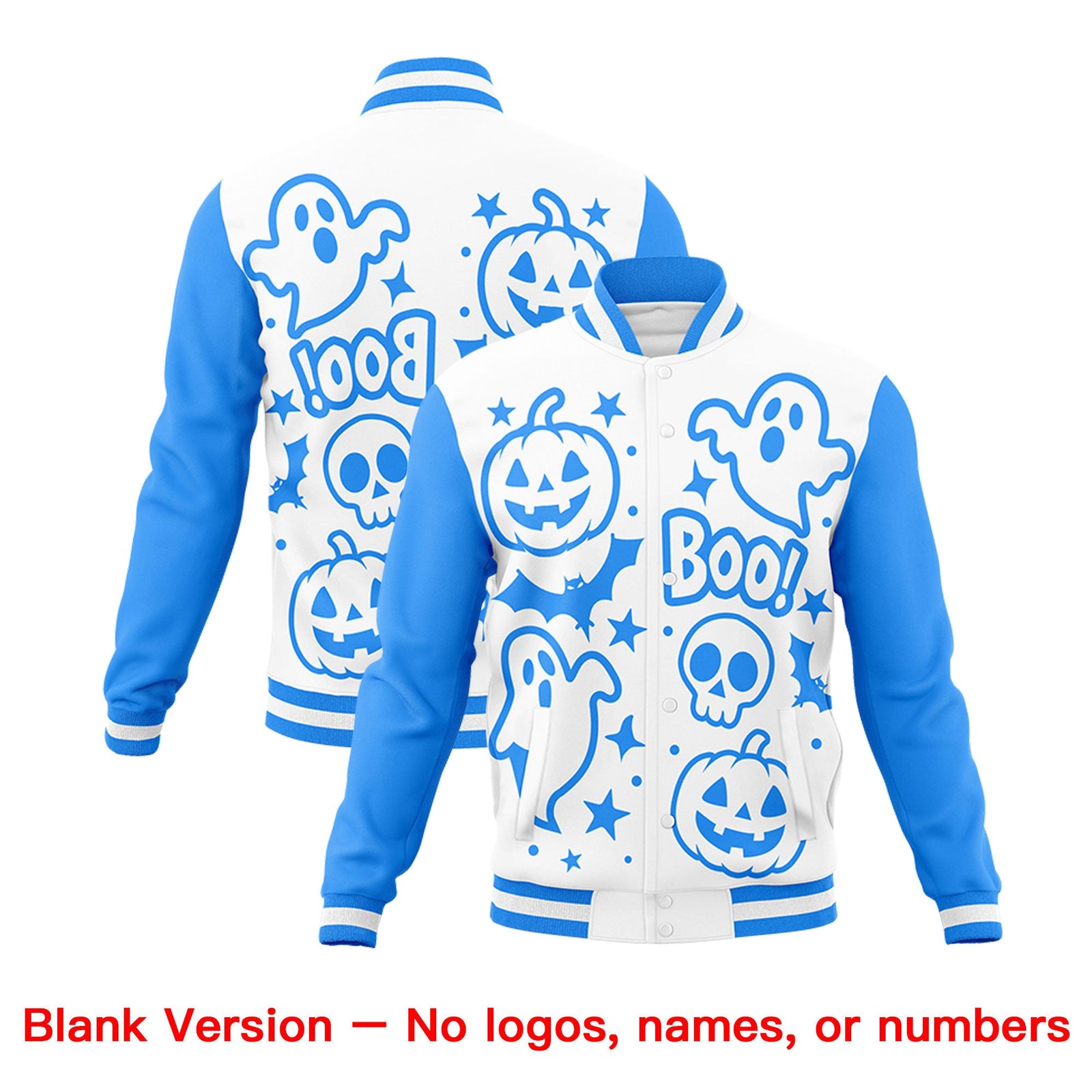 Custom White Powder Blue Pink Bats Pumpkins Ghost Patterns Halloween Letterman Jacket | Custom Letterman Jacket,Add Name and Numbern,Sublimation Printed & Stitched,Perfect for Parties | KXKSHOP