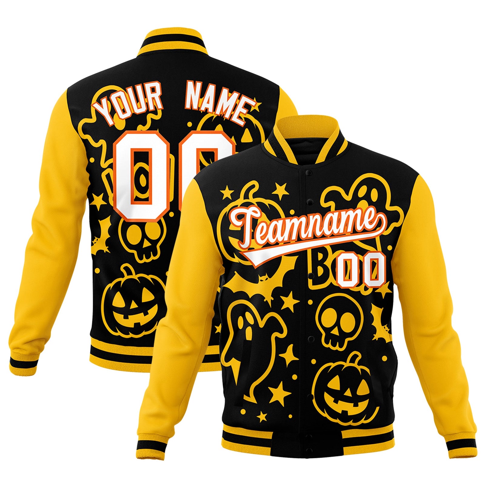 Custom Gold Black White Bats Pumpkins Ghost Patterns Halloween Letterman Jacket | Custom Letterman Jacket,Add Name and Numbern,Sublimation Printed & Stitched,Perfect for Parties | KXKSHOP