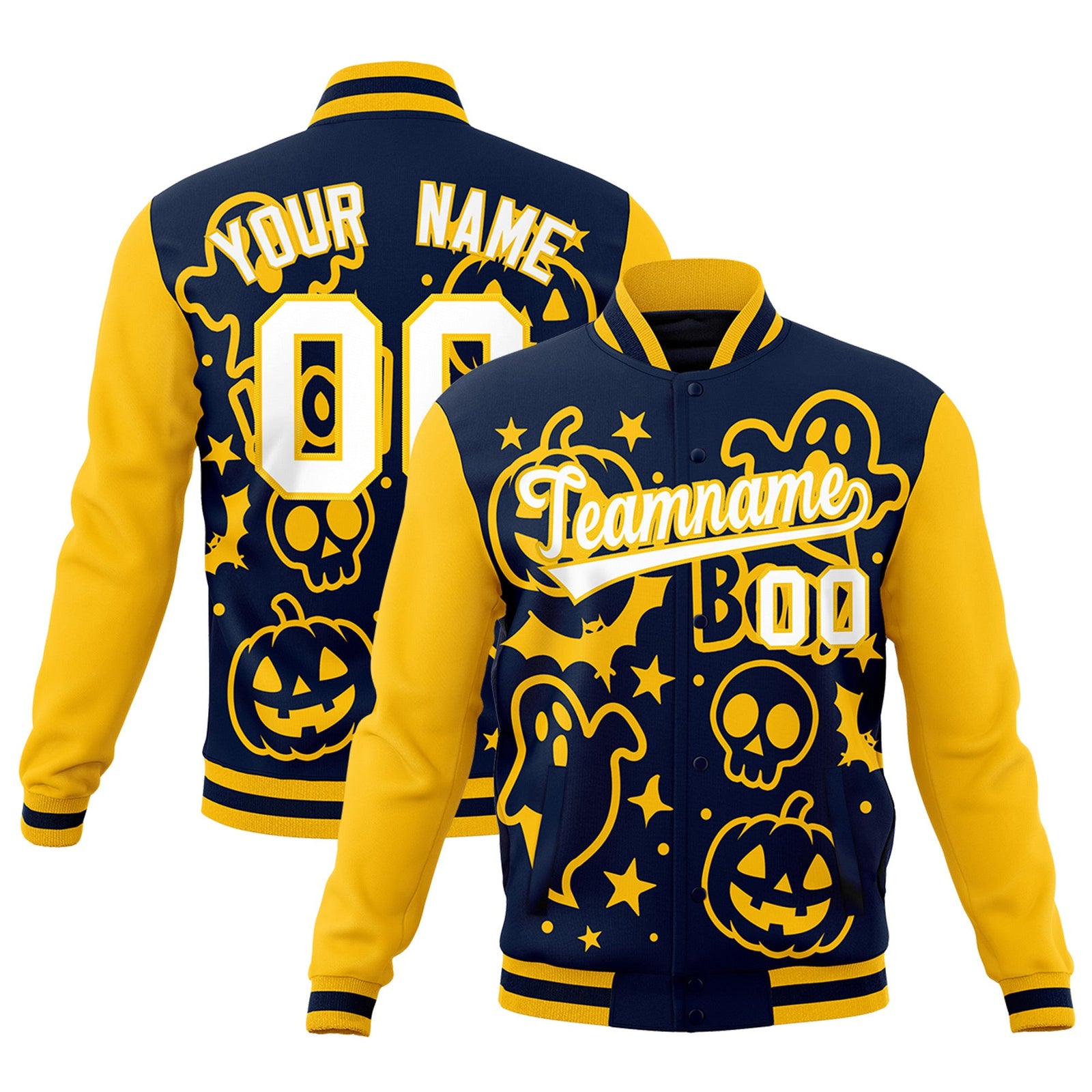 Custom Gold Navy White Bats Pumpkins Ghost Patterns Halloween Letterman Jacket | Custom Letterman Jacket,Add Name and Numbern,Sublimation Printed & Stitched,Perfect for Parties | KXKSHOP