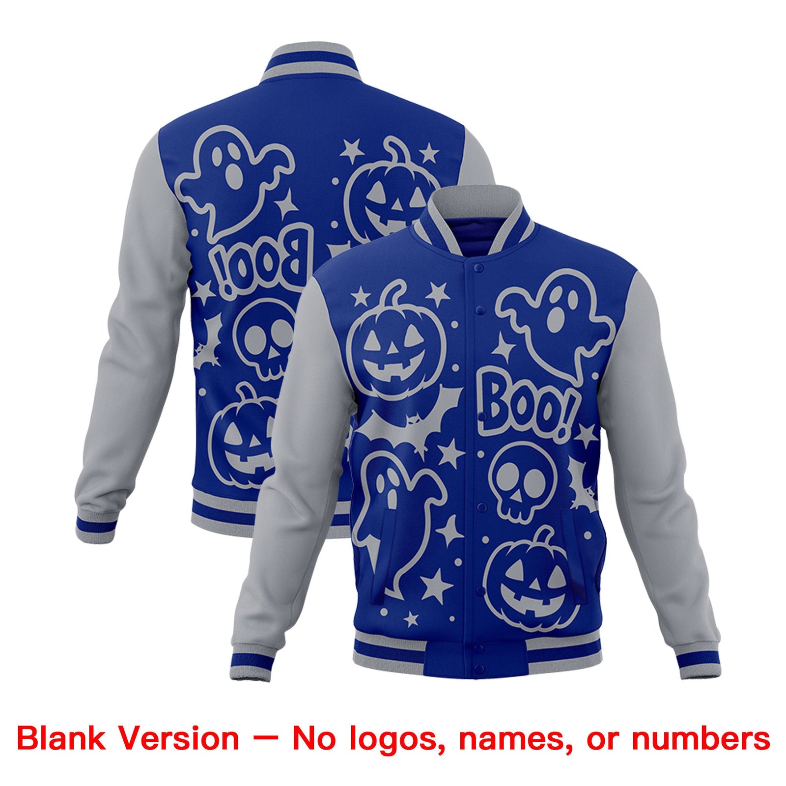 Custom Gray Royal Blue White Bats Pumpkins Ghost Patterns Halloween Letterman Jacket | Custom Letterman Jacket,Add Name and Numbern,Sublimation Printed & Stitched,Perfect for Parties | KXKSHOP