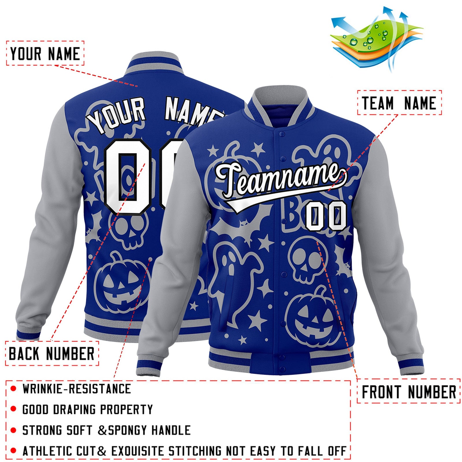 Custom Gray Royal Blue White Bats Pumpkins Ghost Patterns Halloween Letterman Jacket | Custom Letterman Jacket,Add Name and Numbern,Sublimation Printed & Stitched,Perfect for Parties | KXKSHOP