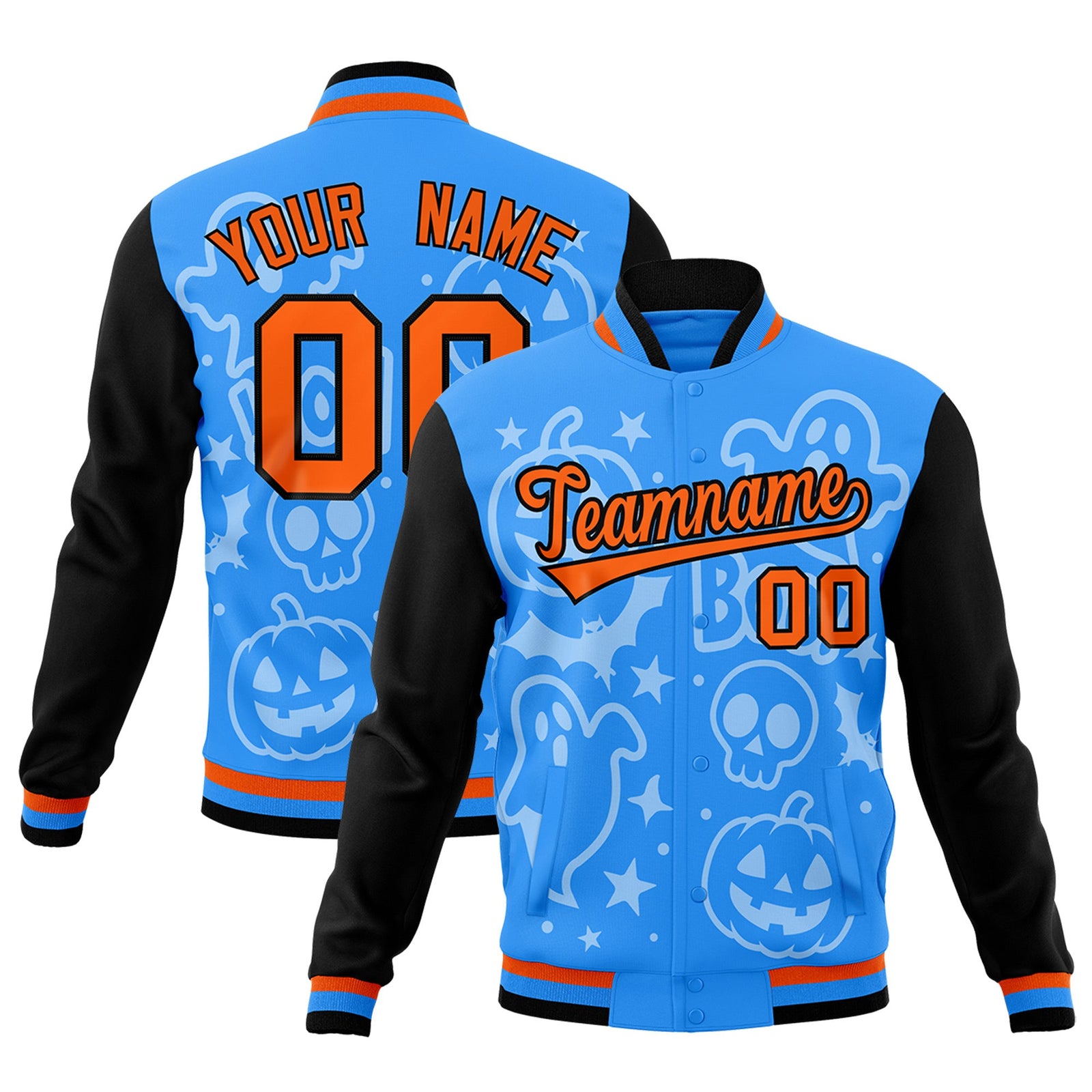 Custom Orange Powder Blue Black Bats Pumpkins Ghost Patterns Halloween Letterman Jacket | Custom Letterman Jacket,Add Name and Numbern,Sublimation Printed & Stitched,Perfect for Parties | KXKSHOP