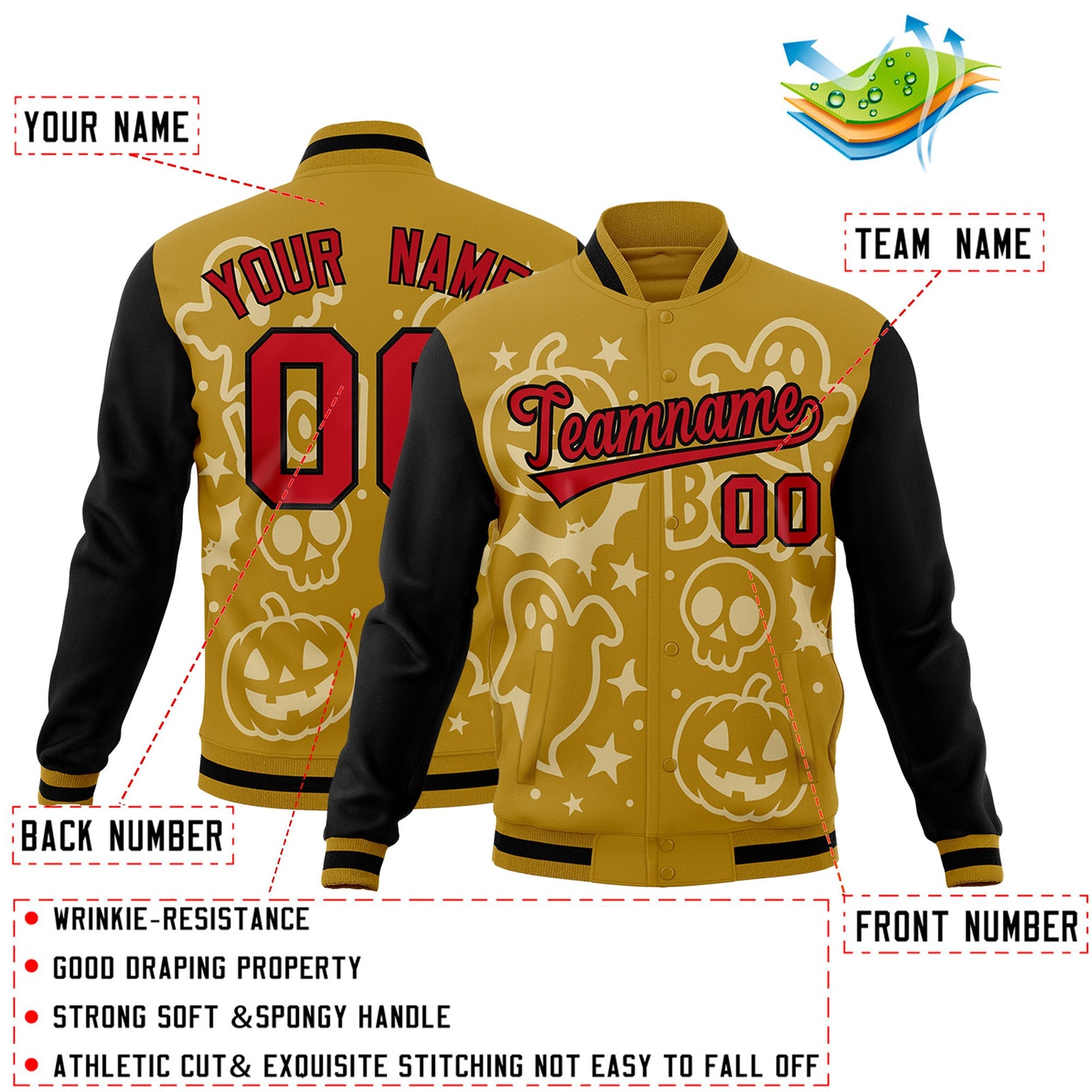 Custom Old Gold Black Red Bats Pumpkins Ghost Patterns Halloween Letterman Jacket | Custom Letterman Jacket,Add Name and Numbern,Sublimation Printed & Stitched,Perfect for Parties | KXKSHOP