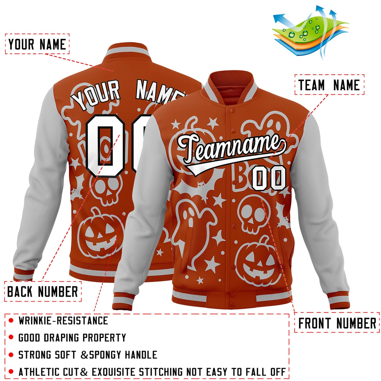 Custom Dark Orange Gray White Bats Pumpkins Ghost Patterns Halloween Letterman Jacket | Custom Letterman Jacket,Add Name and Numbern,Sublimation Printed & Stitched,Perfect for Parties | KXKSHOP