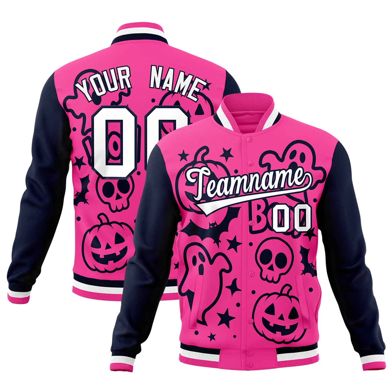 Custom Navy Pink White Bats Pumpkins Ghost Patterns Halloween Letterman Jacket | Custom Letterman Jacket,Add Name and Numbern,Sublimation Printed & Stitched,Perfect for Parties | KXKSHOP