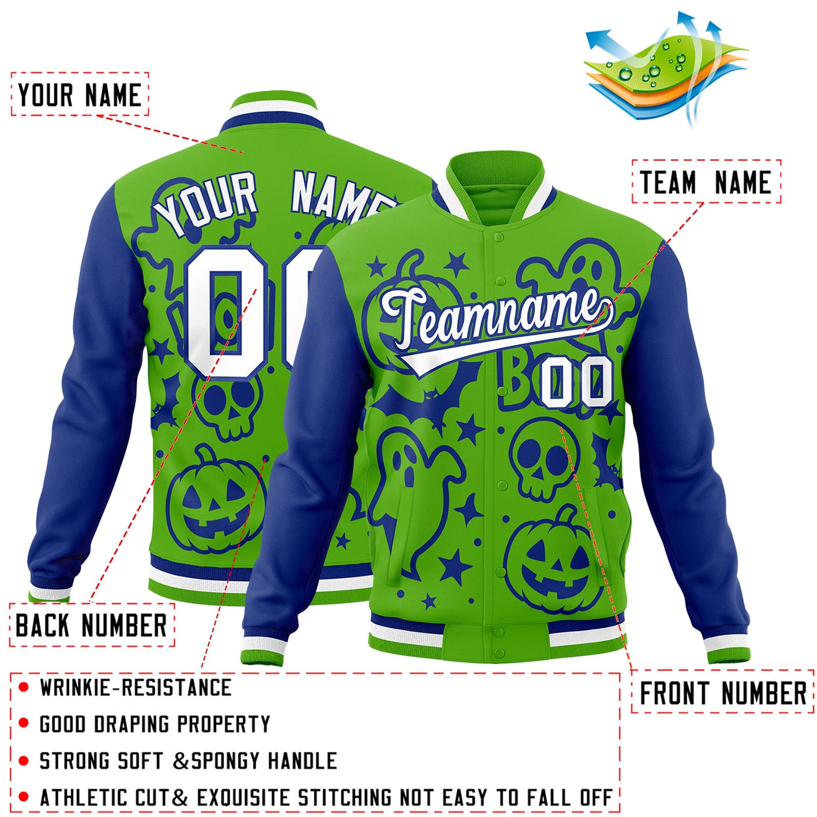 Custom Green Royal Blue White Bats Pumpkins Ghost Patterns Halloween Letterman Jacket | Custom Letterman Jacket,Add Name and Numbern,Sublimation Printed & Stitched,Perfect for Parties | KXKSHOP