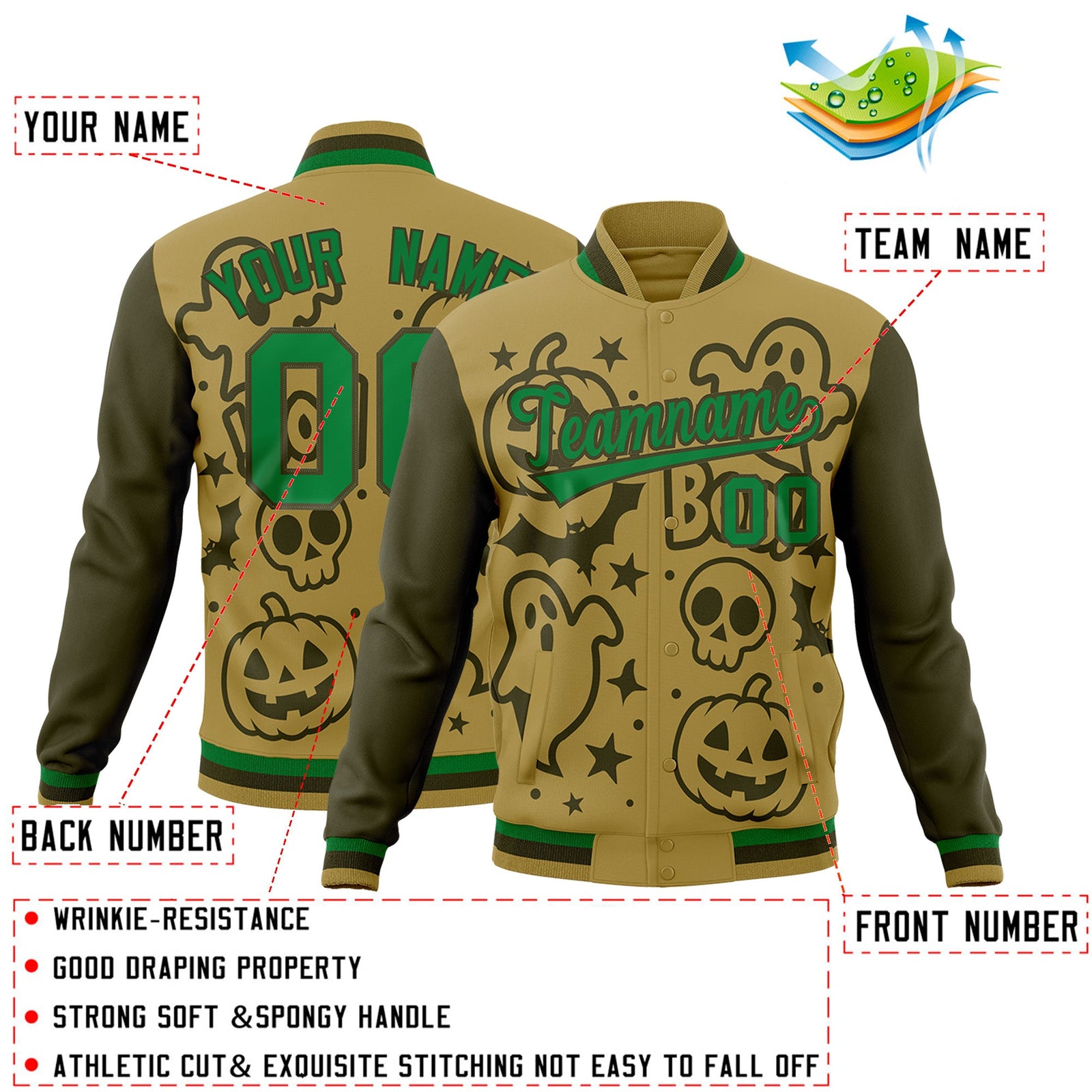 Custom Desert Yellow Kelly Green Olive Bats Pumpkins Ghost Patterns Halloween Letterman Jacket | Custom Letterman Jacket,Add Name and Numbern,Sublimation Printed & Stitched,Perfect for Parties | KXKSHOP