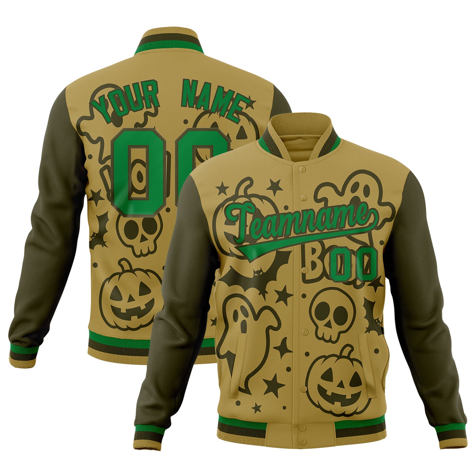 Custom Desert Yellow Kelly Green Olive Bats Pumpkins Ghost Patterns Halloween Letterman Jacket | Custom Letterman Jacket,Add Name and Numbern,Sublimation Printed & Stitched,Perfect for Parties | KXKSHOP