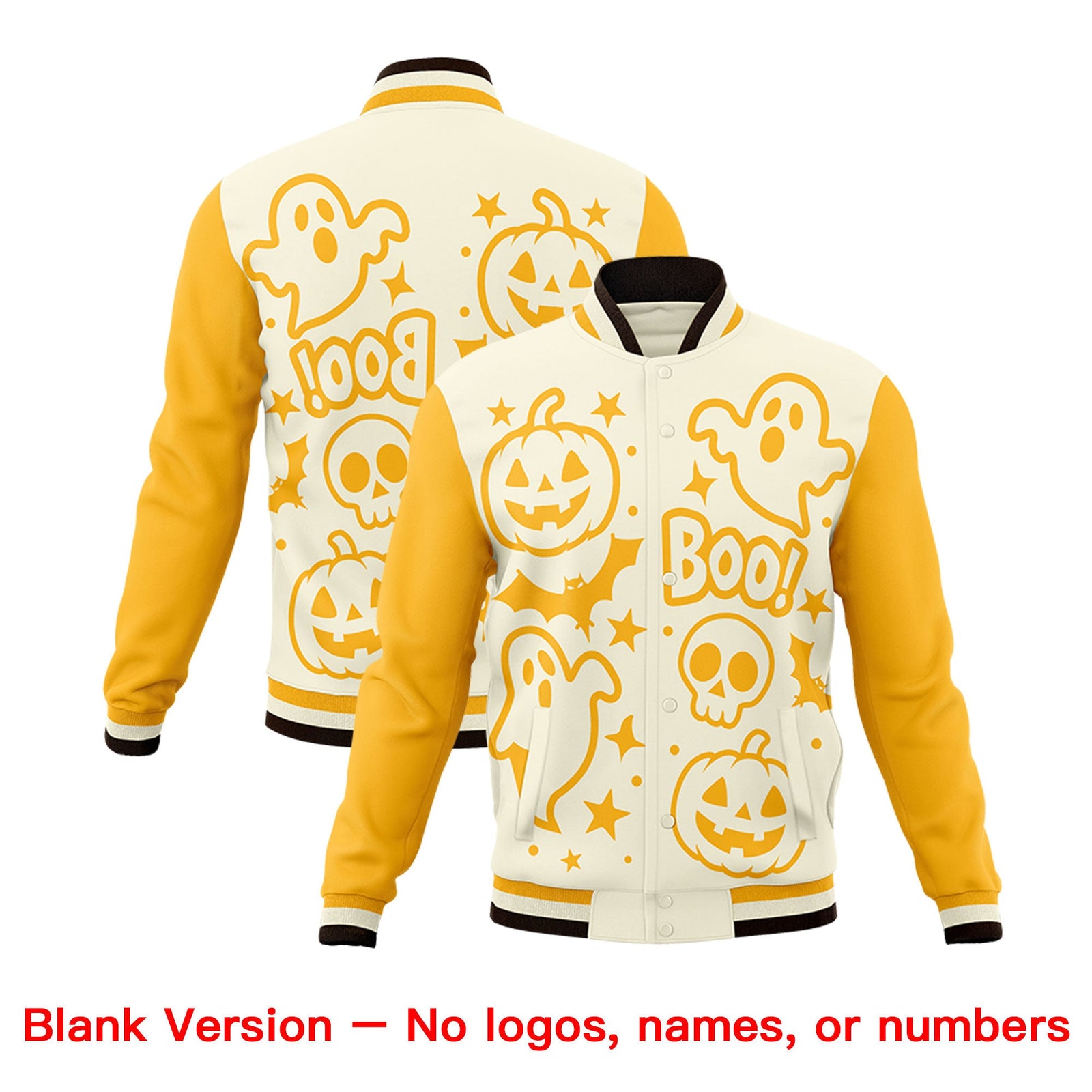Custom Yellow Cream Gold Bats Pumpkins Ghost Patterns Halloween Letterman Jacket | Custom Letterman Jacket,Add Name and Numbern,Sublimation Printed & Stitched,Perfect for Parties | KXKSHOP