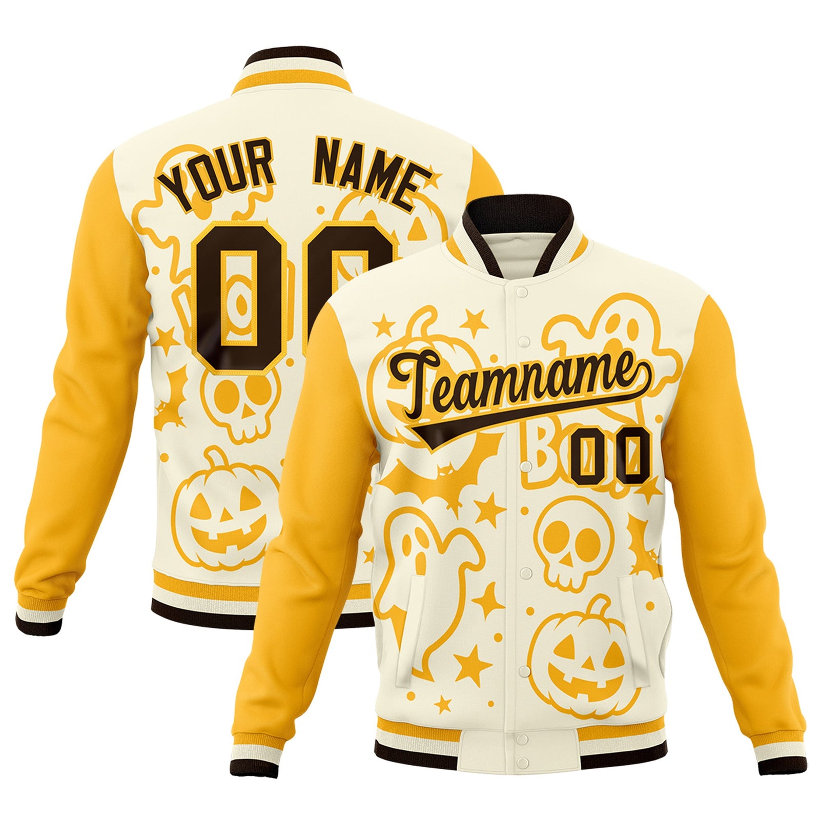 Custom Yellow Cream Gold Bats Pumpkins Ghost Patterns Halloween Letterman Jacket | Custom Letterman Jacket,Add Name and Numbern,Sublimation Printed & Stitched,Perfect for Parties | KXKSHOP