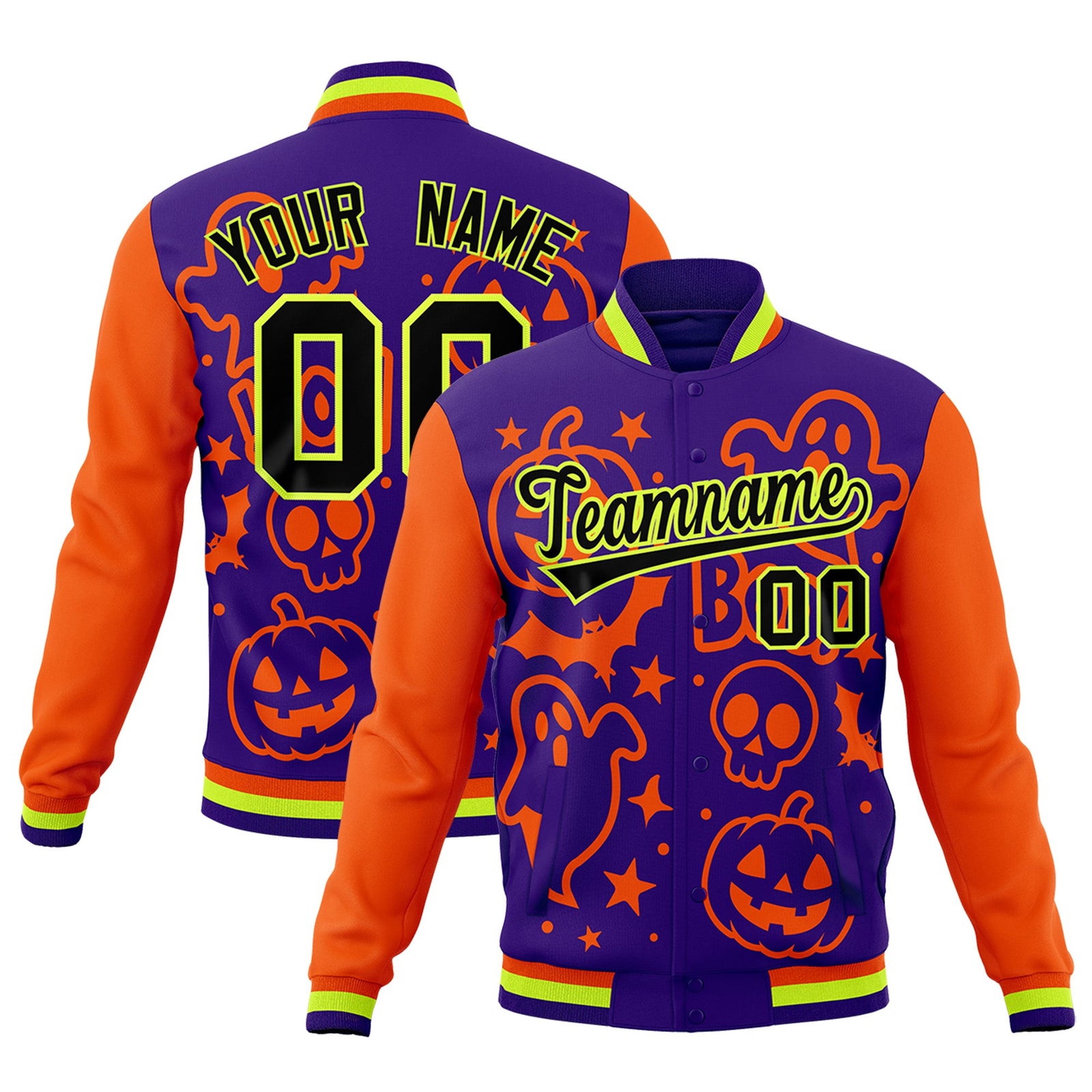 Custom Orange Purple Neon Green Bats Pumpkins Ghost Patterns Halloween Letterman Jacket | Custom Letterman Jacket,Add Name and Numbern,Sublimation Printed & Stitched,Perfect for Parties | KXKSHOP