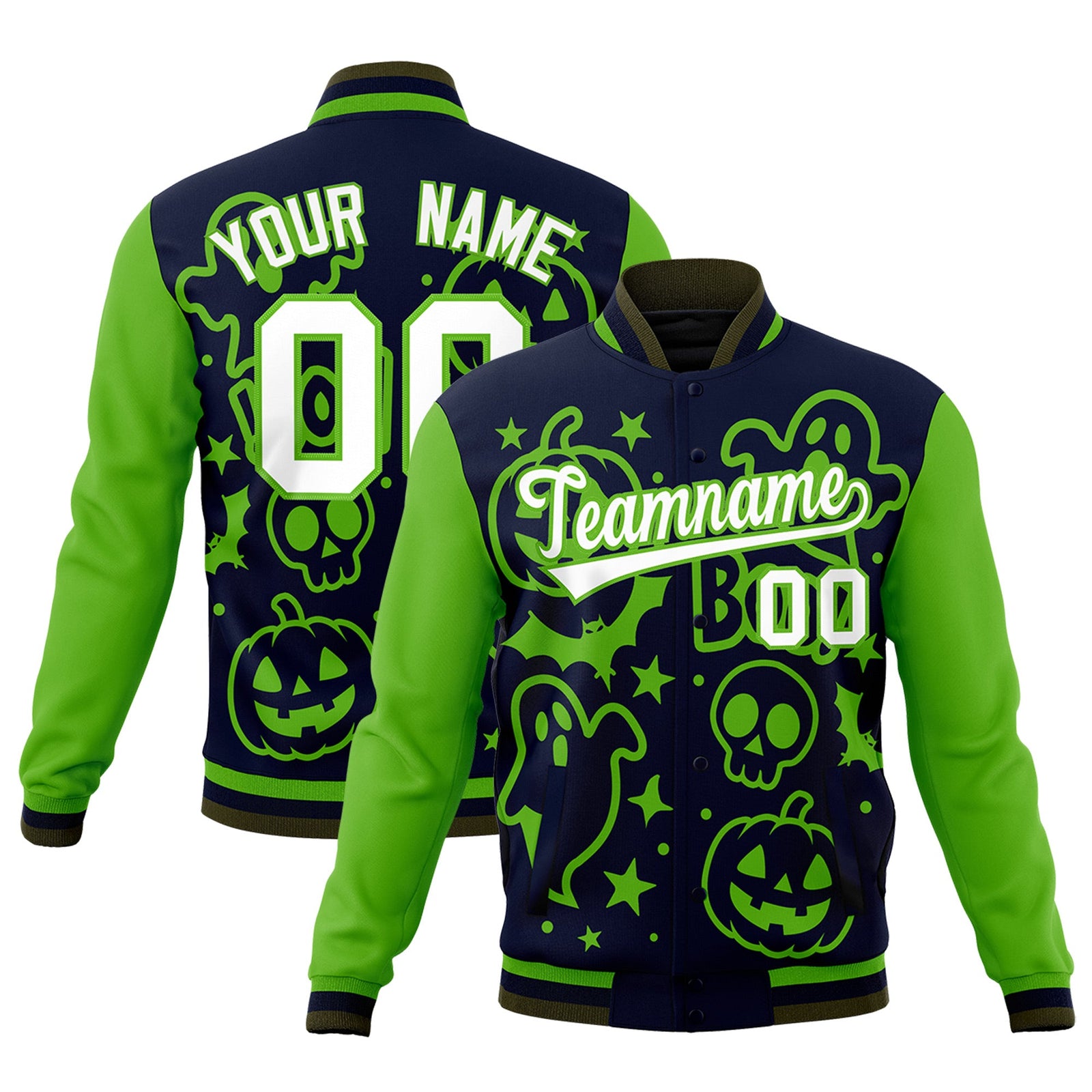 Custom Green Navy Olive Bats Pumpkins Ghost Patterns Halloween Letterman Jacket | Custom Letterman Jacket,Add Name and Numbern,Sublimation Printed & Stitched,Perfect for Parties | KXKSHOP