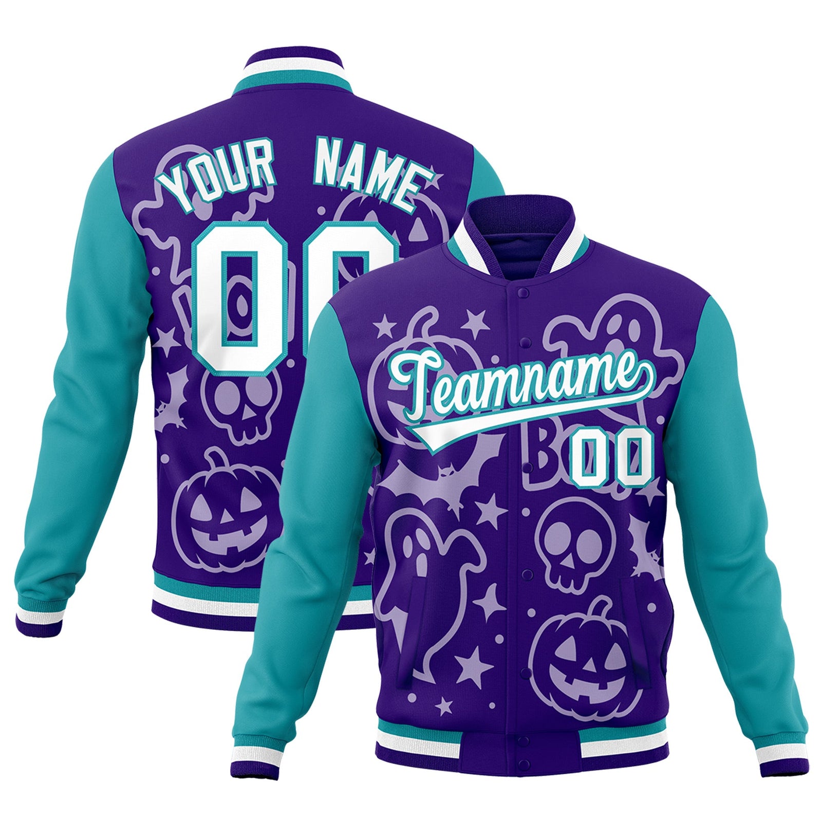 Custom Purple Aqua White Bats Pumpkins Ghost Patterns Halloween Letterman Jacket | Custom Letterman Jacket,Add Name and Numbern,Sublimation Printed & Stitched,Perfect for Parties | KXKSHOP