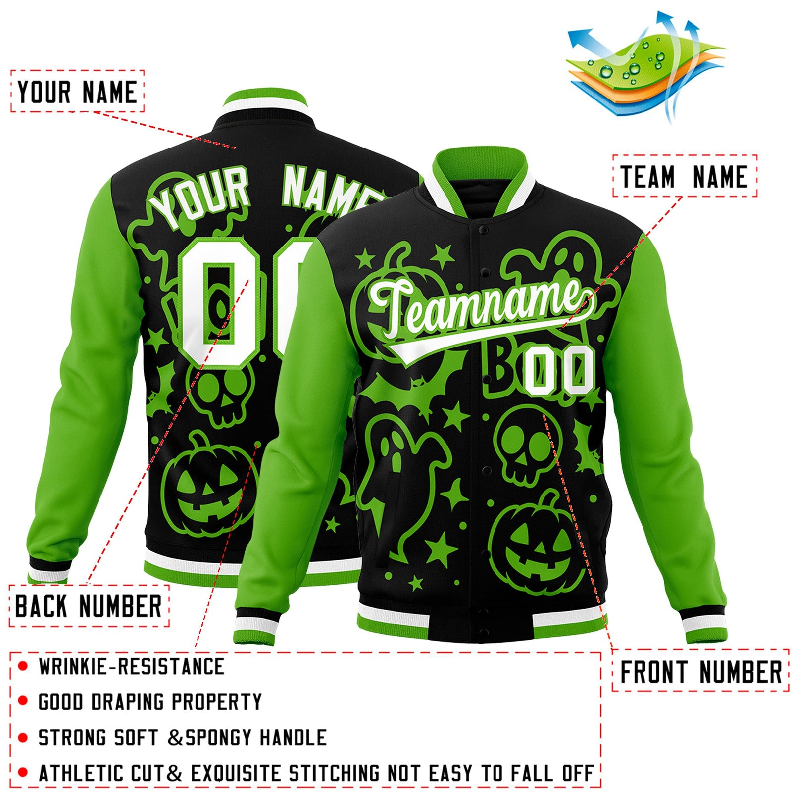 Custom Black Green White Bats Pumpkins Ghost Patterns Halloween Letterman Jacket | Custom Letterman Jacket,Add Name and Numbern,Sublimation Printed & Stitched,Perfect for Parties | KXKSHOP