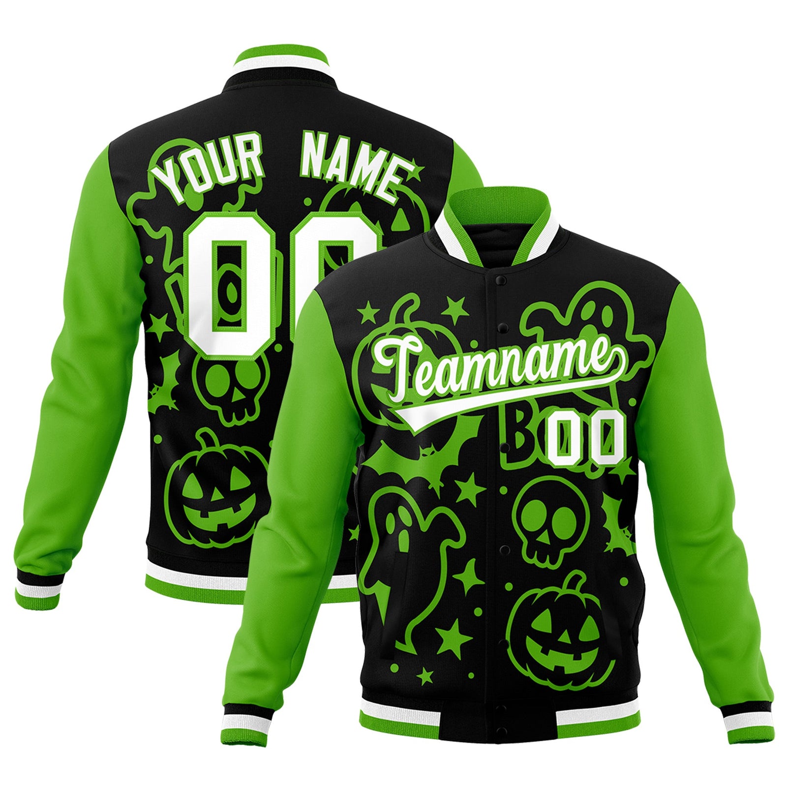 Custom Black Green White Bats Pumpkins Ghost Patterns Halloween Letterman Jacket | Custom Letterman Jacket,Add Name and Numbern,Sublimation Printed & Stitched,Perfect for Parties | KXKSHOP