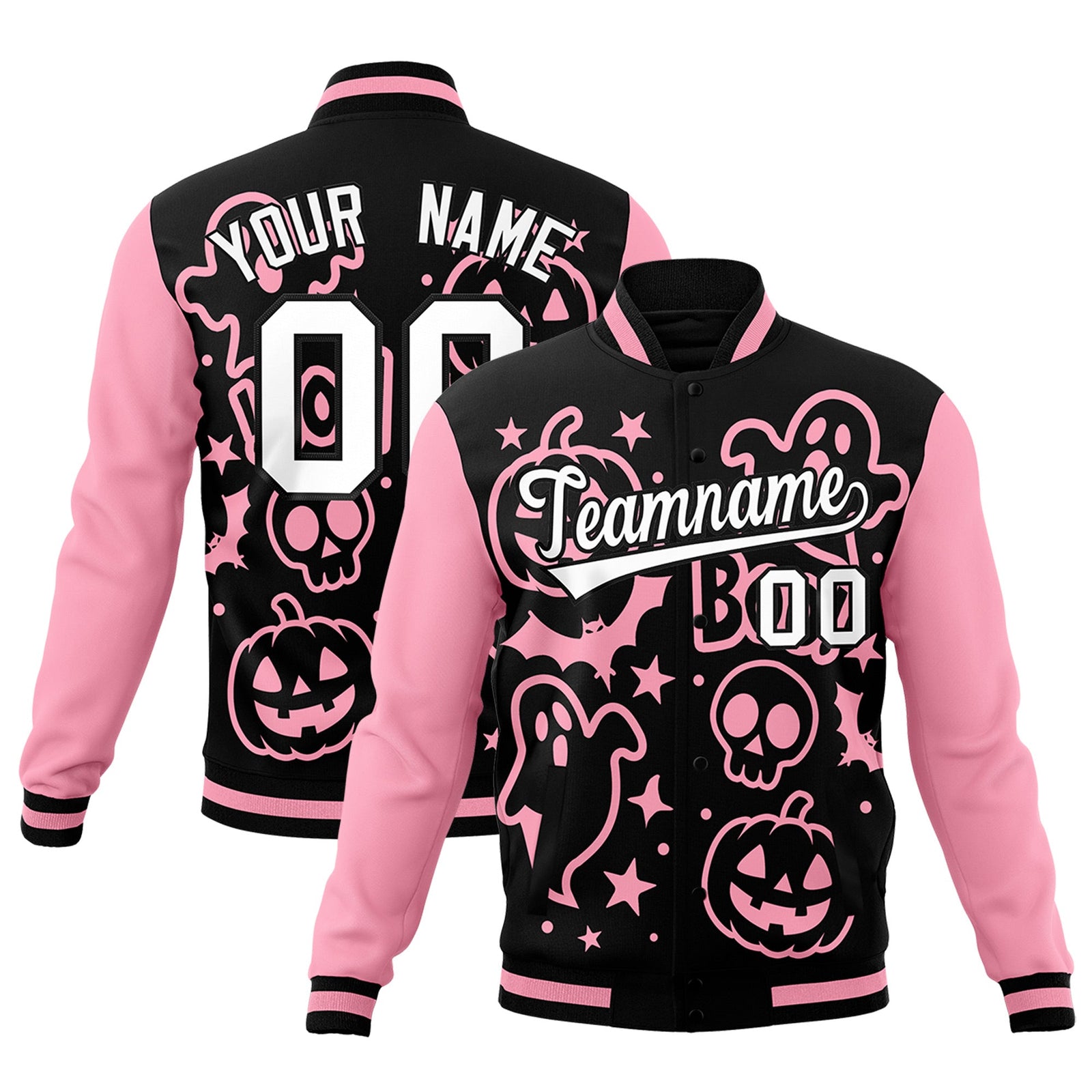 Custom Light Pink Black White Bats Pumpkins Ghost Patterns Halloween Letterman Jacket | Custom Letterman Jacket,Add Name and Numbern,Sublimation Printed & Stitched,Perfect for Parties | KXKSHOP