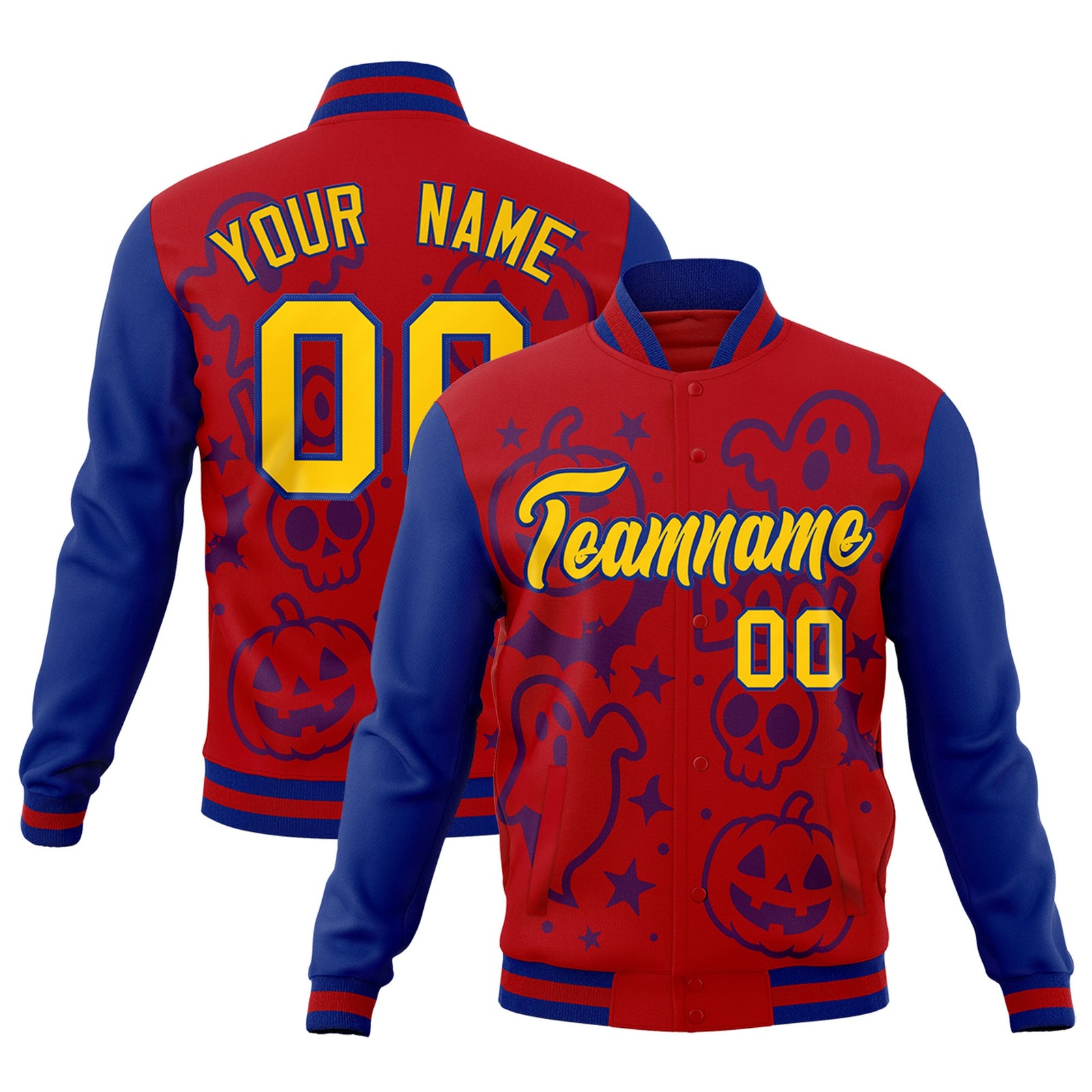 Custom Royal Red Royal Blue Bats Pumpkins Ghost Patterns Halloween Letterman Jacket | Custom Letterman Jacket,Add Name and Numbern,Sublimation Printed & Stitched,Perfect for Parties | KXKSHOP