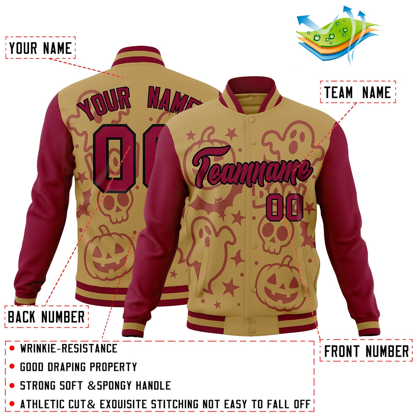 Custom Khaki Crimson Black Bats Pumpkins Ghost Patterns Halloween Letterman Jacket | Custom Letterman Jacket,Add Name and Numbern,Sublimation Printed & Stitched,Perfect for Parties | KXKSHOP